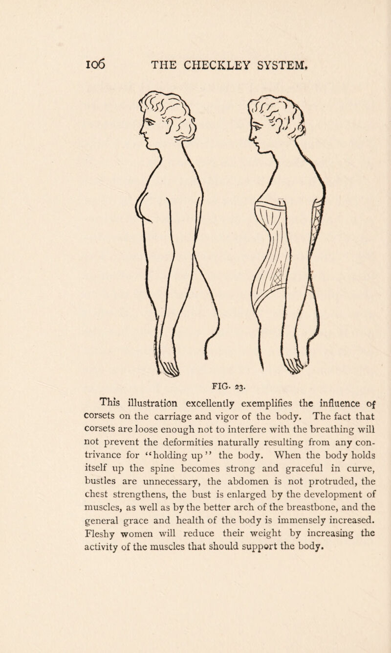 This illustration excellently exemplifies the influence of corsets on the carriage and vigor of the body. The fact that corsets are loose enough not to interfere with the breathing will not prevent the deformities naturally resulting from any con¬ trivance for ‘c holding up ’ ’ the body. When the body holds itself up the spine becomes strong and graceful in curve, bustles are unnecessary, the abdomen is not protruded, the chest strengthens, the bust is enlarged by the development of muscles, as well as by the better arch of the breastbone, and the general grace and health of the body is immensely increased. Fleshy women will reduce their weight by increasing the activity of the muscles that should support the body.