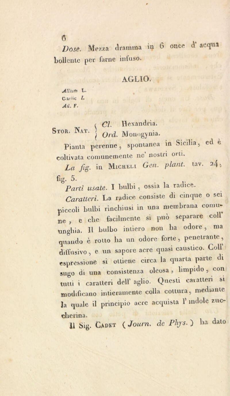 bollente per farne infuso. AGLIO, / Allìuài L. Garlic /• All. F. i Cl. H exandria. St°r‘ ^at* j Ord. Monogynia. Pianta perenne, spontanea in Sicilia, ed e coltivala comunemente ne’ nostri orli. La fig. in Micheli Gen. plani, tav. 2/\, fig. 5. Parti usate. I bulbi, ossia la radice. Caratteri. La radice consìste di cinque o sei piccoli bulbi rinchiusi in una membrana comu- ne , e ebe facilmente si può separare coll’ ungllia. Il bulbo intiero non ha odore, ma quando è rotto lia un odore forte , penetrante, diffusivo , e un sapore acre quasi caustico. Coll espressione si ottiene circa la quarta parte 11 sugo di una consistenza oleosa, limpido, con tutti i caratteri dell' aglio. Questi caratteri si modificano intieramente colla coltura, mediante la quale il principio acre acquista l’ìndole zuc- clierina. il Sig. Cadet ( Journ. de Phjs. ) ha dato