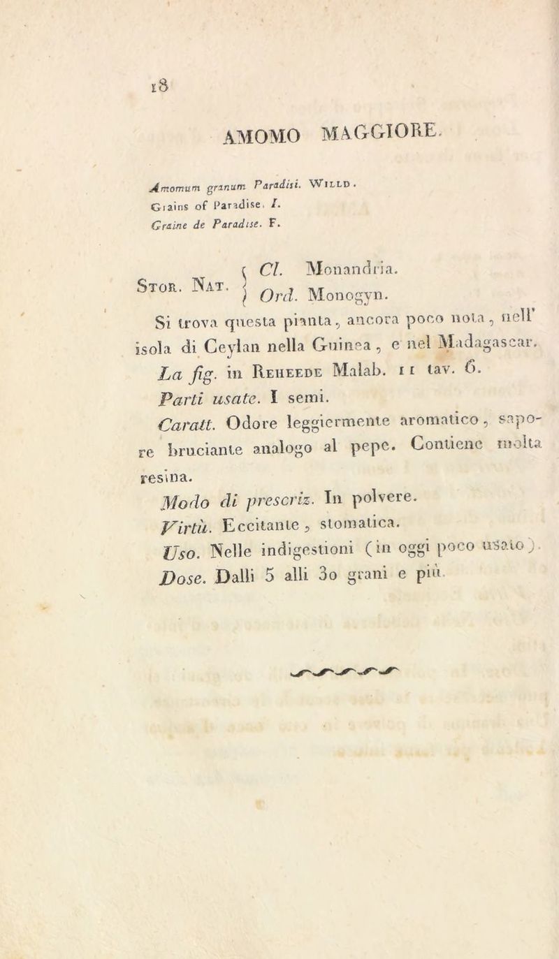 Amomum grinum Parodili- Willd . Giains of Paradise. /. (fraine de Paradise. F. ^ CI. Monandri a. Stop, Nat. j ^ Monogyn. Si trova questa pianta, ancora poco nota, nell isola di Ceylan nella Guinea , e nel Madagascar. La fig. in Reheede Maiala, i t tav. 6. Parti usate. I semi. Carati. Odore leggiermente aromatico, sapo- re bruciante analogo al pepe. Contiene molta resina. Modo di presavi. Tn polvere. Virtù. Eccitante 3 stomatica. Uso. Nelle indigestioni (in oggi poco usato;. Dose. Dalli 5 alli 3o grani e più.