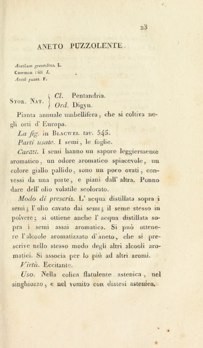 ANETO PUZZOLENTE. /inalilim gravcolens. L. Common i'iii /• Aneih puant. F. ( Cl. Pentandria, Stor. Nat. ? |V 1 Orci. Digyn. Pianta annuale umbellifera, che sì coltiva ne- gli orli cf Europa. Lei Jig. in Blacwel tav. 545. Parti usate. I semi, le foglie. Carati. I semi hanno un sapore leggiermente aromalico, un odore aromatico spiacevole, un colore giallo pallido, sono un poco ovati, con- vessi da una parte, e piani dall’altra. Ponno dare dell’ olio volatile scolorato. Modo di prescriz. Lf acqua distillata sopra i semi 'y Y olio cavato dai semi ^ il seme stesso in polvere 3 si ottiene anche F acqua distillata so- pra i semi assai aromatica. Si può ottene- re Y alcoole aromatizzato cFaneto, che sì pre- scrive nello stesso modo degli altri aìcoolì aro- matici. Si associa per io più ad altri aromi. Uirtù. Eccitante. Uso. Nella colica flatulente astenica , nel singhiozzo, e nel vomito con diatesi astenica.