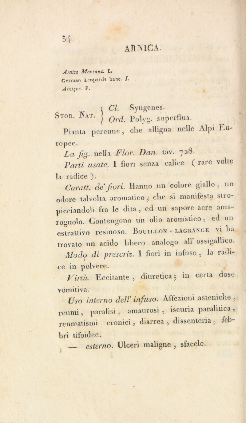 Arnica Montana.. E. Cerman Leopardi bane. /. Arniqise. F. Stor. Nat. Ci Orci Pianta perenne, Syngenes. Polvg. superflua. che alligna nelle Alpi Eu- ropee. La fig. nella Fior. Dan. lav. 728. Parti usate. I fiori senza calice ( rare volle la radice ). Caratt. de fiori. Hanno un colore giallo , un odore talvolta aromatico,' che si manifesta stro- picciandoli fra le dita, cd un sapore acre ama- rognolo. Contengono un olio aromatico, ed un estrattivo resinoso. Bouillon - lAGRANge vi ha trovato un acido libero analogo all ossigallico. Modo di prescriz. I fiori in infuso , la radi- ce in polvere. Virili. Eccitante, diuretica5 in certa dose vomitiva. Uso interno deli infuso. Affezioni asteniche, reumi, paralisi, amaurosi , iscuria paralitica, reumatismi cronici, diarrea , dissente!ia , feb bri tifoidee. esterno. Ulceri maligne , sfacelo.