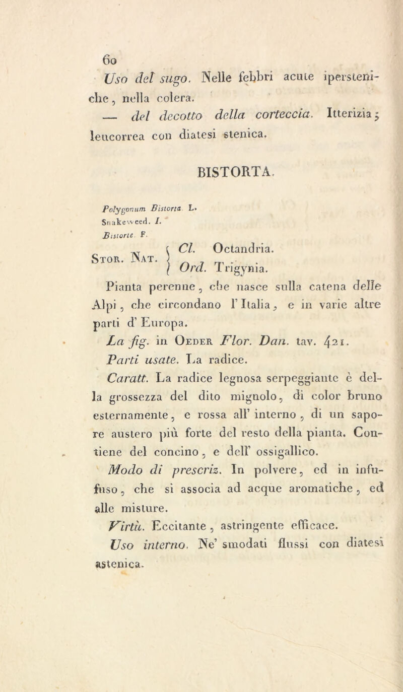 Uso del sugo. Nelle febbri acute ipersteni- che, nella colera. del decotto della corteccia. Itterizia $ leucorrea con diatesi stenica. BISTORTA. Potygonum Bistorta L* Snakeweed. I. Bistorti F. ( CI. Octandria. Stor. Nat. • . / Ord. 1 ngyma. Pianta perenne , che nasce sulla catena delle Alpi, che circondano l’Italia 3 e in varie altre parli d’ Europa. La fig. in Oeder Fior. Dan. tav. 421- Parti usate. La radice. Caratt. La radice legnosa serpeggiante è del- la grossezza del dito mignolo, di color bruno esternamente, e rossa all* interno , di un sapo- re austero più forte del resto della pianta. Con- tiene del concino , e dell’ ossigallico. Modo di prescriz. In polvere, ed in infu- fnso, che si associa ad acque aromatiche , ed alle misture. Virtù. Eccitante , astringente efficace. Uso interno. Ne1 smodati flussi con diatesi astenica.