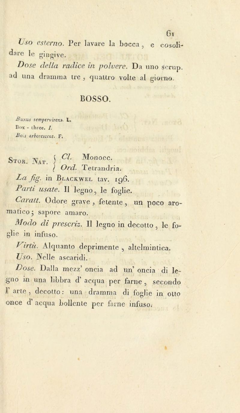 Cu Lso esterno. Per lavare la bocca 5 e cosoli- dare le giogive. Dose della radice in polvere. Da uno $orup. ad una dramma tre 3 quattro volte al giorno. BOSSO. ■Buxus semperviren». L. Box - three. /. Bv.s arborescente F. • # Stor. Nat. 5 Cl Monoec-, 1 Ord. Te tranci ri a. La Jìg. in Blackwel tav. 196. Parti usate. Il legno, le foglie. Carati. Odore grave , fetente, un poco aro- matico 3 sapore amaro. Modo di prescriz. Il legno in decotto, le fo- glie in infuso. yirta. Alquanto deprimente , altelmintica. Uso. Nelle ascaridi. Dose. Dalla mezz’ oncia ad un’ oncia di le- gno jii una libbra d acqua per farne , secondo I arte, decotto: una dramma di foglie in otto once d’ acqua bollente per farne infuso*