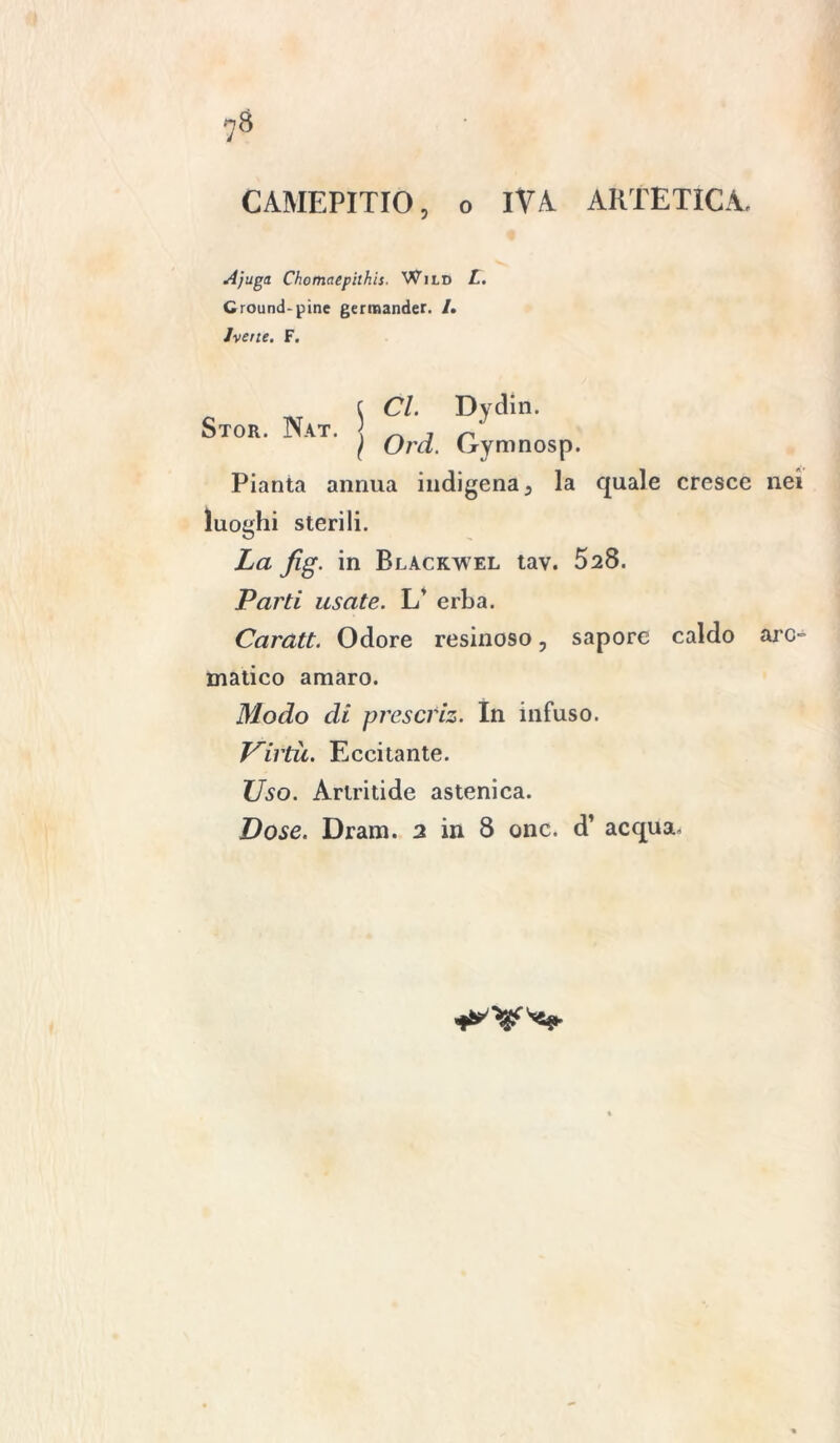?8 CAMEPITIO, o IVA ARTETICA. Ajuga Chomaepithis. Wild L. Ground-pine germander. /. Jverte. F. c Cl. Dydin. Stor. Nat. ì „ , ~ / Ora. (jrymnosp. Pianta annua indigena, la quale cresce nei luoghi sterili. La fig. in Blackwel tav. 528. Parti usate. L’ erba. Carati. Odore resinoso, sapore caldo aro- matico amaro. Modo di prescriz. In infuso. Virtù. Eccitante. Uso. Arlritide astenica. Dose. Dram. 2 in 8 onc. d’ acqua-