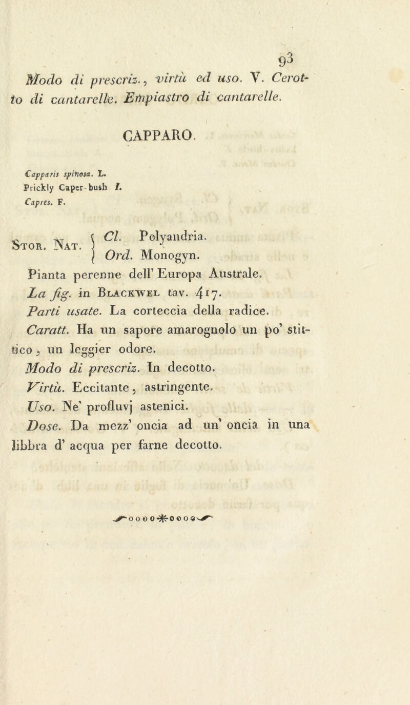 Modo di prescriz., virtù ed uso. V. Cerot- to di cantarelle. Etnpiastro di cantarelle. CAPPARO. Capparis spinosa. L. Prickly Caper bush /. Capres. F. 0 ,T ( CI. Pelyandria. Stor. JNat. ) _ __ - l Ord. Monogyn. Pianta perenne dell’ Europa Australe. La fig. in Blàckwel tav. 4*7- Parti usate. La corteccia della radice. Caratt. Ha un sapore amarognolo un po’ sta- tico 3 un leggier odore. Modo di prescriz. In decotto. Virtù. Eccitante, astringente. Uso. Ne' profluvj astenici. Uose. Da mezz’ oncia ad un’ oncia in una libbra d’ acqua per farne decotto. ^oooo-^oco»^