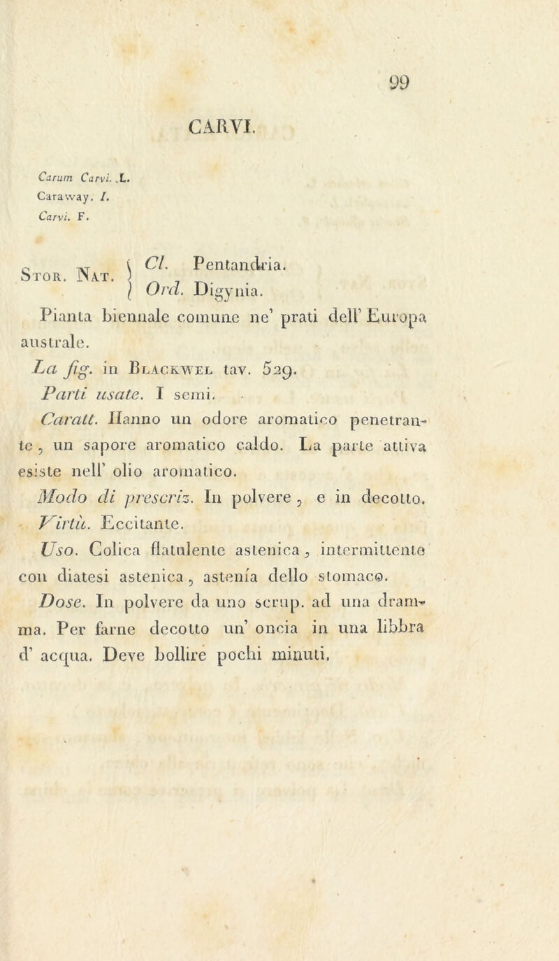 CARVI. Carum Carvi■ X. Caraway. /. Carvi. F. 0 tvt \ Cl. Pentandria. oTOR. JMAT. ) 1 Ora. Digynia. Pianta biennale comune ne1 prati dell’Europa australe. La fig. in Blackwel tav. 629. Parti usate. I semi. Carati. Hanno un odore aromatico penetran- te 5 un sapore aromatico caldo. La parte attiva esiste nell’ olio aromatico. Modo di prescriz. In polvere , e in decotto. V irta. Eccitante. Uso. Colica flatulente astenica, intermittente con diatesi astenica , astenia dello stomaco. Dose. In polvere da uno scrup, ad una dram- ma. Per farne decotto un onera in una libbra cV acqua. Deve bollire pochi minuti.