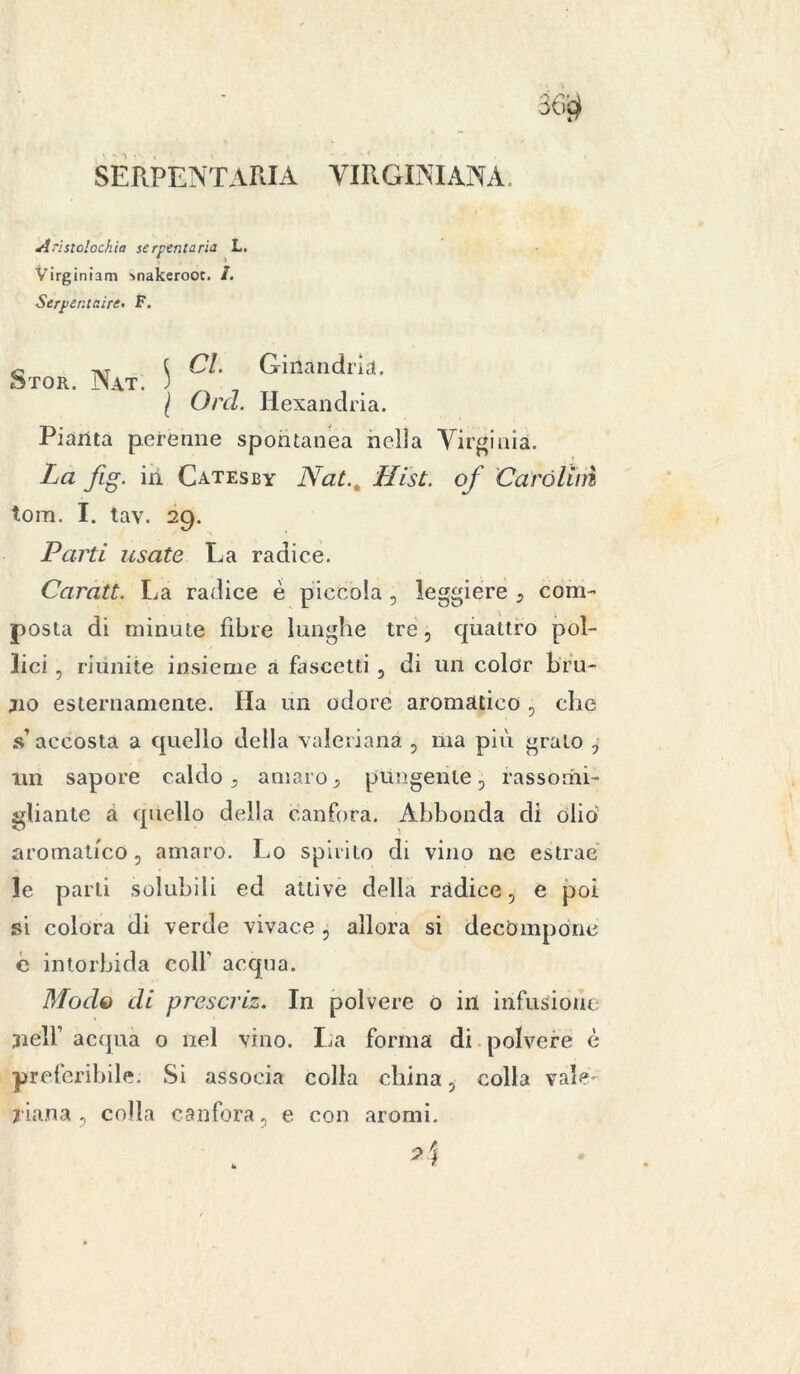 SERPENTARI VIRGINIANA. Arìstclochia se rpenta ria L. Virginiam ^nakeroot. /. Serper.taire. F. c -«t { Cl. Giriandrìa. hxoR. JMat. ) l Ora. Hexandria. Pianta perenne spontanea nella Virginia. La fig. in Catesby Nat.. Hist. of Carolini tom. I. tav. 29. Parti usate La radice. Carati. La radice è piccola, leggiere , com- posta di minute fibre lunghe tre, quattro pol- lici , riunite insieme a fascetta , di un color bru- no esternamente. Ha un odore aromatico, che s’accosta a quello della valeriana , ma più grato , un sapore caldo, amaro, pungente, rassomi- gliante a quello della canfora. Abbonda di olio aromatico, amaro. Lo spirito di vino ne estrae le parli solubili ed attive della radice, e poi si colora di verde vivace , allora si decompone e intorbida colf acqua. Mode di prescriz. In polvere o in infusione nell’ acqua o nel vino. La forma di polvere è preferibile. Si associa colla china, colla vale' riama , colla canfora, e con aromi.