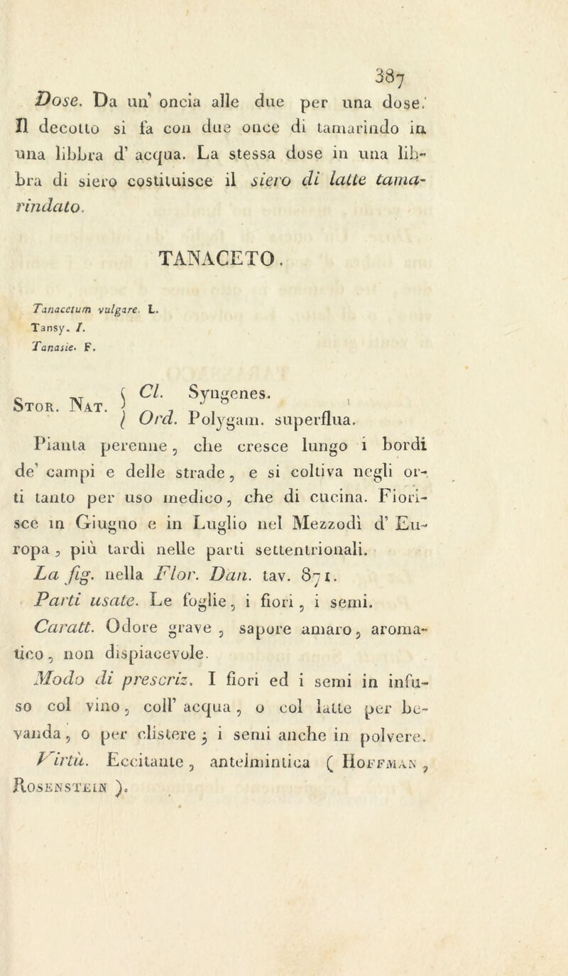 3S-] Dose. Da un oncia alle due per una dose,' Il decollo si fa con due once di tamarindo in ■una libbra d’ acqua. La stessa dose in una lib- bra di siero costituisce il siero eli latte tama- riji dato. TANACETO. Tanacctum vulgare. L. Tansy. /. Tar.asie■ F. Stop Nat 5 CL SyuSe,,es' l Ord. Polygam. superflua. Pianta perenne, die cresce lungo 1 bordi de’ campi e delle strade, e si coltiva negli or- ti tanto per uso medico, che di cucina. Fiori- sce in Giugno e in Luglio nel Mezzodì d’ Eu- ropa , più tardi nelle parti settentrionali. La fig. nella Fior. Dan. tav. 871. Parti usale. Le foglie, i fiori, i semi. Caratt. Odore grave, sapore amaro, aroma- tico, non dispiacevole. Modo di prescriz. I fiori ed i semi in infu- so col vino, colf acqua, o col latte per be- vanda , 0 per clistere 5 i semi anche in polvere. Virtù. Eccitante, antelmintica ( Hoffmàn , RoSKNSTCltf ).
