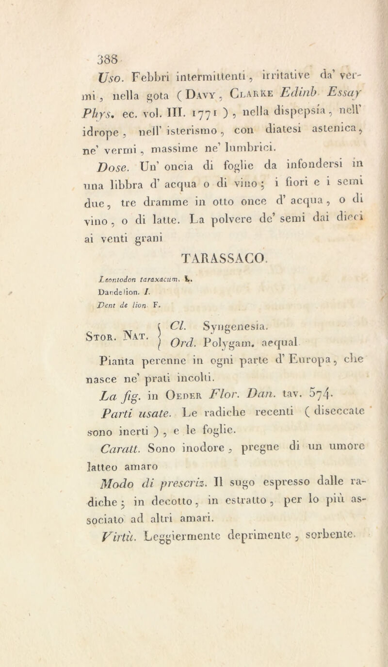 Uso. Febbri intermittenti-, irritative da’ver- mi , nella gota ( Davy , Clarke Edinb Essay Phys. ec. voi. UT. 1771 ) , nella dispepsia, nell’ idrope - nell1 isterismo, con diatesi astenica, ne1 vermi , massime ne1 luminici. Dose. Un1 oncia di foglie da infondersi in una libbra d’ acqua o di vino ; i fiori e i semi due, tre dramme in otto once d1 acqua, o di vino, o di latte. La polvere de’ semi dai dieci ai venti grani TARASSACO. Ltontodon taraxacum. L. Dande lion. /. Dent de lion F. ( Cl. Syngenesia. Stor. Nat. ' ~ 7 r ' ,  , j Ord. Polygam. acquai Pianta perenne in ogni parte d’Europa, die nasce ne’ prati incolti. La fig. in Geder Fior. Dan. tav. Parti usate. Le radiche recenti ( diseccate sono inerti ) , e le foglie. Carati. Sono inodore , pregne di un umore latteo amaro Modo di prescriz. Il sugo espresso dalle ra- diche 3 in decotto, in estratto, per lo più as- sociato ad altri amari. Virtù. Leggiermente deprimente , sorbente.