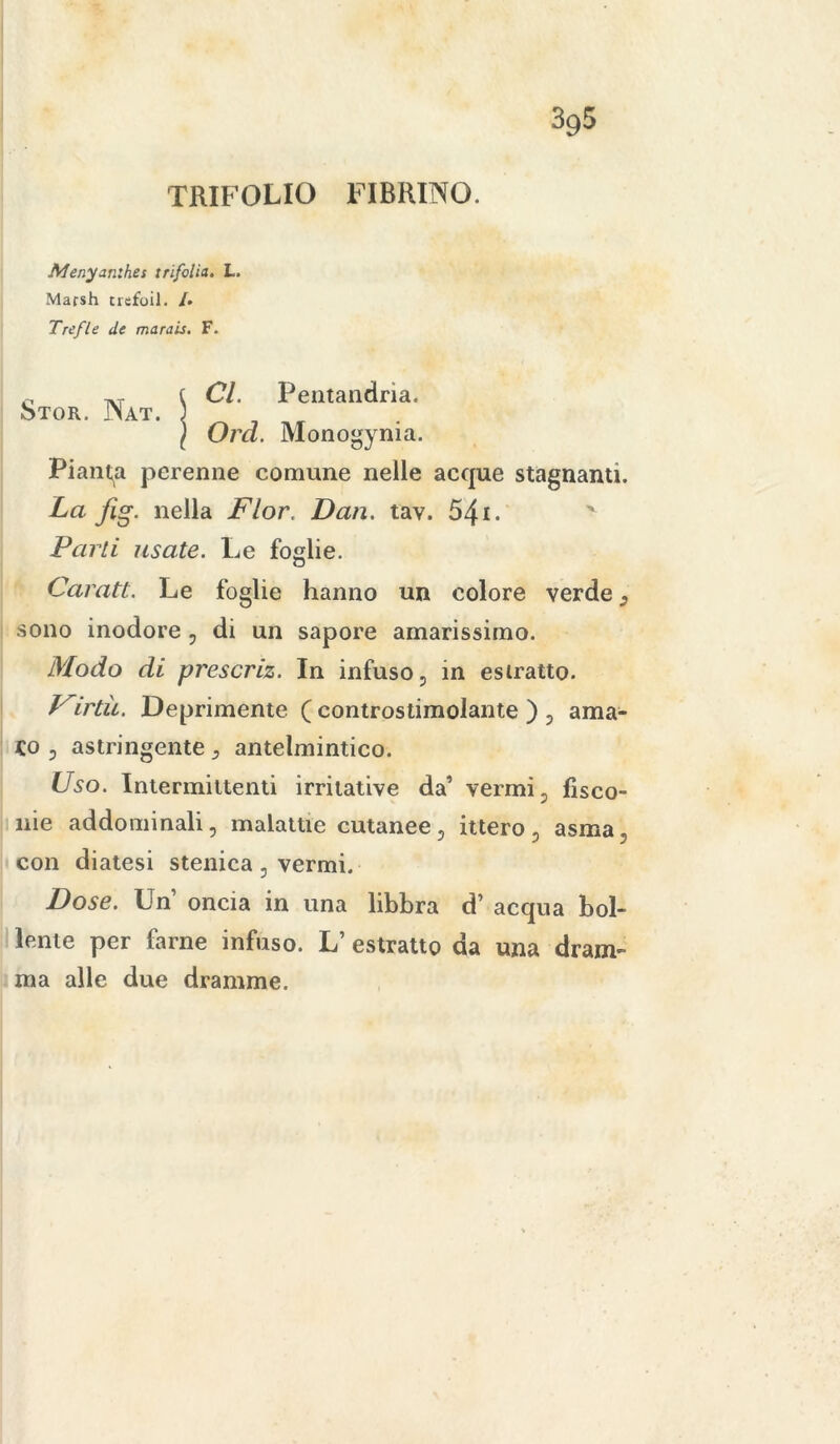 TRIFOLIO FIBRINO. Menyanihes trifolìa. L. Marsh trefoli. /. Trefle de marais. F. ^ -]yT C Cl. Pentandria. Stor. JNat. j \ Orci. Monogynia. Pianga perenne comune nelle acque stagnanti. La fig. nella Fior. Dan. tav. 541. ' Parti usate. Le foglie. Caratt. Le foglie hanno un colore verde s sono inodore, di un sapore amarissimo. Modo di prescriz. In infuso, in estratto. Virtù. Deprimente (controstimolante), ama- ro , astringente, antelmintico. Uso. Intermittenti irritative da’ vermi, fisco- nie addominali, malattie cutanee, ùtero , asma, con diatesi stenica , vermi. Dose. Un’ oncia in una libbra d’ acqua bol- lente per farne infuso. L’ estratto da una dram- ma alle due dramme.