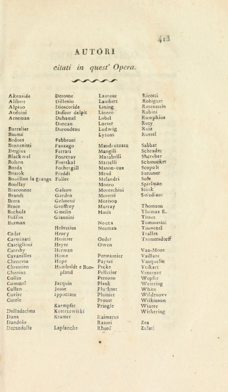 AUTORI Citati in quest’ Opera, Akenside Derosne Lautour Ricotti A libere Dillenio Lambert Robiguet Alpino Dioscoride Lining Rose «sterra A rduini Dufour deJpic Linneo Rubini Arneman Duhamel Lobel ■Rum pinti* Duncan Loesef Ritty Barra lier Durondeau Ludwig Ruiz Bau me Lysons Russel Bedoes Fabbront , Benvenisti Fanzago Mandi uzzato Sabbat Bergius Ferrari Mangili Schrader Black wel Fourcroy Marabellì Shcreber Bolton Foerskal Martelli Schmucker Borda Fothergill Mason-cox Scopo li Bostok Freddi Mead Serruner Bouillon la grange Fuller Melandri Sole Boullay Monto Spie Iman Braconnoc Galeno Moreschini Scoik Brande Garden Morecrì Svvediauc Brera Gelmetti Morisop Bruce Geoftroy Murray Thomson Bucholz G melin Mutis Thomas fL Buffon G iannini T issoc Burman Nocca Tommasini Helvecius Neumar» Touvenel Cader Henry Tralles Carminaci Hericier Ceder T rommsdoiiff Castiglioni Heyer Owen Catesby Herman Van-Mons Cavanilles Home Permantier Vaillanc Chenevix Hope Pay ssé VauqueH® Chrescien Humboldt e Bon- Pecke Veikarc ClllSsiuS pland Pelletier Ventenne Collin Persoon Wepfer Co mure! Jacquin Plenk West ring Cullen Josse Plu'knet Whice Cuvier Ippocrace Plumier Wildenovv Currìe Prousc Wilkinvon Kaempfer Pringle Winter Delladecima Koscrzewiski Witherìng Dana Kramcr Ilaimarus Dandolo Rasori Zea Decandolle Laplanche Rheetì Zulati