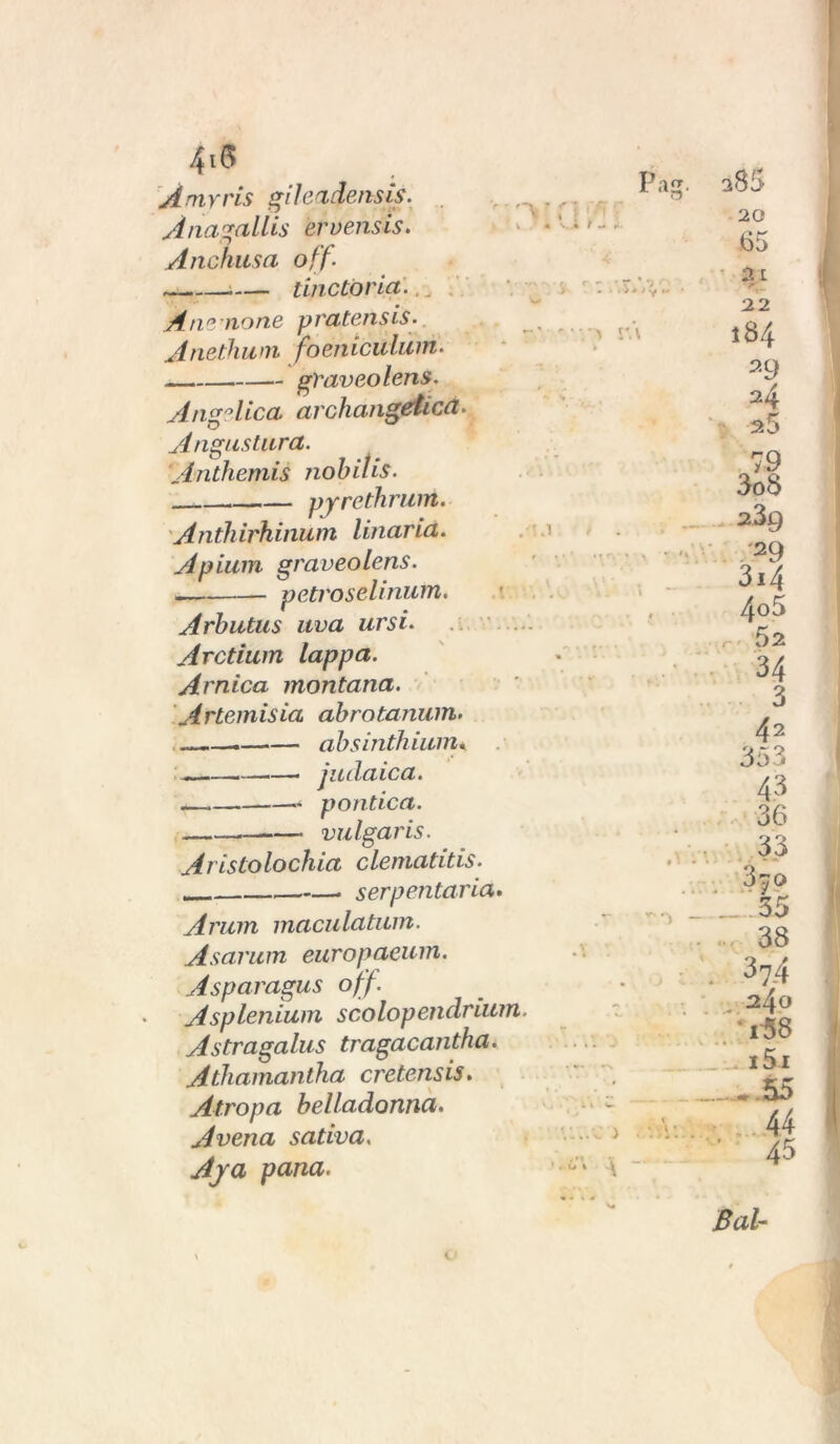 4iS Àmyris gileadensis. Ànagallis èrvensis. Anchusa off. i— tino tórta. Arie none pratensi$. Anethwn foeniculum• gTaveolens. Angelica archangeticà. Angustierà. Anthemis nobitis. pyrethrum. Anthirhinum liti aria. Apium graveolens. petroselinum. Arbutus uva ursi. Arctium lappa. Arnica montana. Artemisia abrotanum. . absinthium* * politica. — vulgaris. Aristolochia clematitis. serpentaria. Aram maculatum. Asanun europaeum. Asparagus off Asplenium scolopendrium. Astragalus tragacantha. Athamantha cretensis. Atropa belladonna. Avena sativa. Aja pana. Pag. 4 I v »* • o — 385 20 65 * 2i 22 184 29 24 25 79 3oS 23q '2Q 3i4 4o5 5 2 34 3 42 353 43 36 33 670 *„ 35 38 37-4 ,240 > . v,'.: ■1-58 i5i _..55 44 ’ 45 Bai-