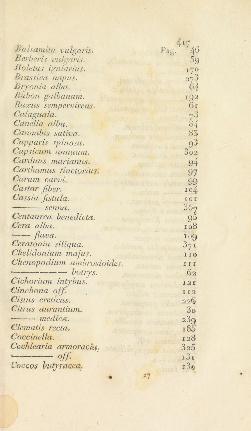 Ba ! sani ìt a va Iga i ds. Paq. 46 Berberis vuhsaris. 59 Bolettis igniarius. 170 Brassica napus. 0 Bryonia alba. 04 Biibon galbanum. 192 Buocus sempervireus. Oc Cai agita la. r- 3 Cartella alba. Q / 04 Cannabis sativa. 85 Capparis spinosa. 93 Capsicum animimi. 0 002 Carduus marianus. 94 Carthamus tinctorius. 97 Carum carvi. 99 Castor fiber. 104 Cassia, fistula. 101 senna. 3 67 Centaurea benedicla. 9$ Cera alba. 108 — — flava. 109 Ceratonia siliqua. 371 Chelidonium majus. I IO Chenopodium ambrosioides. 111 * botrys. 62 Cichorinai intybus. 12 t Cinchona off. 1 12 Cistus creticus. 22§ Citrus aurantium. 3o • — medica. 23q Clematis recta. i85 Coccinella. 128 Cochlearia armoracia. 325 — - - °Jf i3i Coccos butyracea. 13©