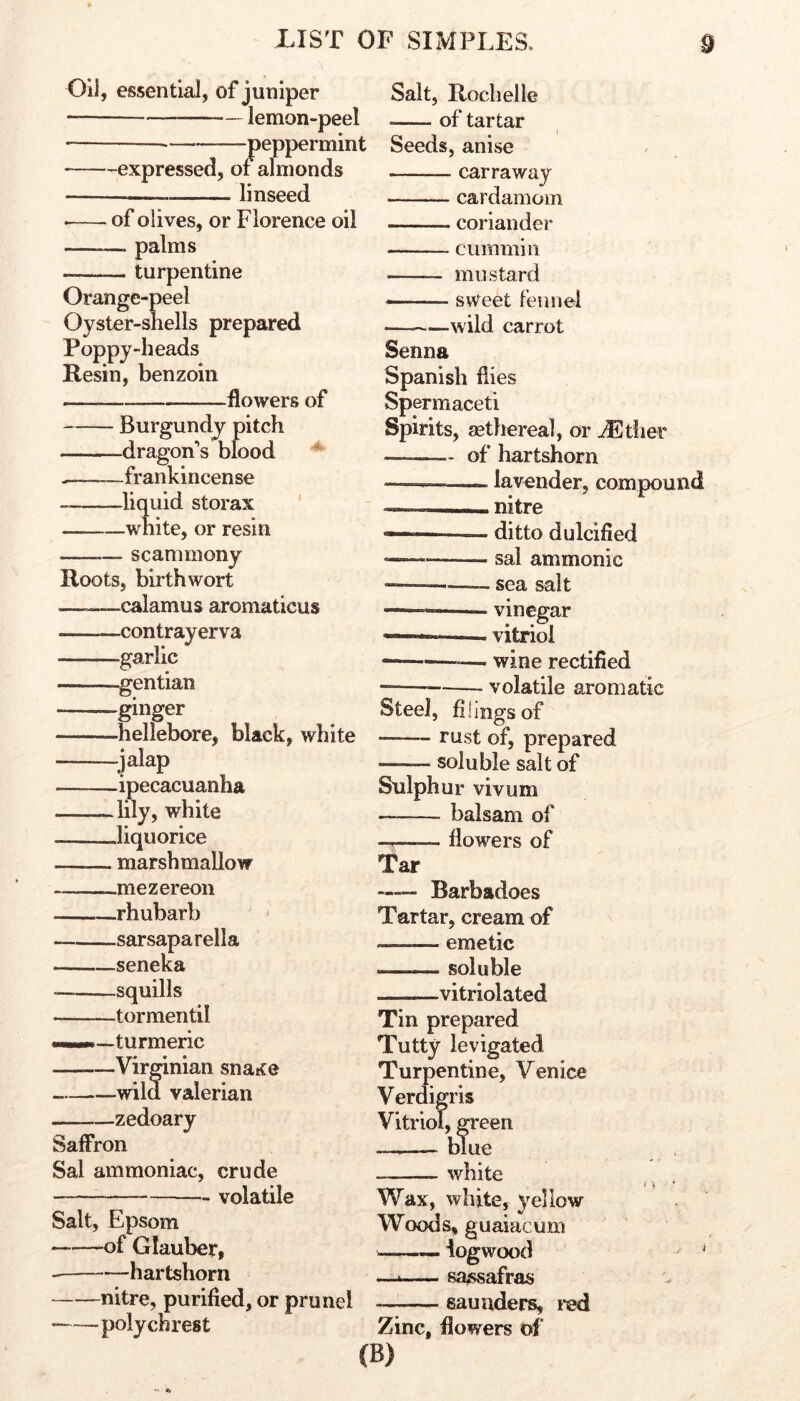 LIST OF SIMPLES. Oil, essential, of juniper lemon-peel —expressed —^peppermint , of almonds linseed of olives, or Florence oil — palms turpentine Orange-peel Oyster-shells prepared Poppy-heads Resin, benzoin flowers of Burgundy pitch •dragon’s blood -frankincense -liquid storax -white, or resin scammony Roots, birth wort ———calamus aromaticus contrayerva -garlic -gentian -ginger -hellebore, black, white -jalap -ipecacuanha • lily, white .liquorice marshmallow .mezereon -rhubarb -sarsaparella -seneka -squills -tormentil .—turmeric —Virginian snatce -wild valerian -zedoary Saffron Sal ammoniac, crude volatile Salt, Epsom of Glauber, hartshorn nitre, purified, or prunel poly ch rest Salt, Rochelle • of tartar Seeds, anise car r a way cardamom coriander cummin mustard sweet Fennel — wild carrot Senna Spanish flies Spermaceti Spirits, gethereal, or of hartshorn — lavender, compound — nitre — ditto dulcified sal ammonic — —— sea salt vinegar — ■■ vitriol — wine rectified • volatile aromatic Steel, filings of rust of, prepared —— soluble salt of Sulphur vivum balsam of flowers of Tar Barbadoes Tartar, cream of — emetic — soluble .——vitriolated Tin prepared Tutty levigated Turpentine, Venice Verdigris Vitriol, green — blue white Wax, white, yellow Woods, guaiacum — logwood ' — sassafras Saunders, i-ed Zinc, flowers of -