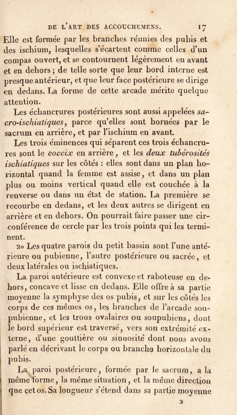 Elle est formée par les branches réunies des pubis et des ischium, lesquelles s’écartent comme celles d’un compas ouvert, et se contournent légèrement en avant et en dehors ; de telle sorte que leur bord interne est presque antérieur, et que leur face postérieure se dirige en dedans. La forme de cette arcade mérite quelque attention. Les échancrures postérieures sont aussi appelées sa- cro-ischiatiques, parce qu’elles sont bornées par le sacrum en arrière, et par l’ischium en avant. Les trois éminences qui séparent ces trois échancru- res sont le coccix en arrière, et les deux tubérosités ischiatiques sur les côtés : elles sont dans un plan ho- rizontal quand la femme est assise, et dans un plan plus ou moins vertical quand elle est couchée à la renverse ou dans un état de station. La première se recourbe en dedans, et les deux autres se dirigent en arrière et en dehors. On pourrait faire passer une cir- conférence de cercle par les trois points qui les termi- nent. 20 Les quatre parois du petit bassin sont l’une anté- rieure ou pubienne, l’autre postérieure ou sacrée, et deux latérales ou ischiatiques. La paroi antérieure est convexe et raboteuse en de- hors, concave et lisse en dedans. Elle offre à sa partie moyenne la symphyse des os pubis, et sur les côtés les corps de ces mêmes os, les branches de l’arcade sou- pubienne, et les trous ovalaires ou soupubiens, dont le bord supérieur est traversé, vers son extrémité ex- terne, d’une gouttière ou sinuosité dont nous avons parlé en décrivant le corps ou branche horizontale du j pubis. La paroi postérieure, formée par le sacrum, a la i même forme, la même situation, et la même direction ■ que çetos. Sa longueur s’étend dans sa partie moyenne