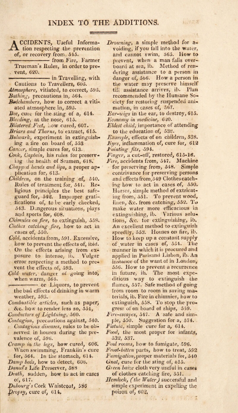 INDEX TO THE ADDITIONS. A CCIDENTS, Useful Informa- tion respecting the prevention of, or recovery from, 54'5. from Fire, Farmer Trueman’s Rules, in order to pre- . vent, 620. — — in Travelling, with Cautions to Travellers, 605. Atmosphere, vitiated, to correct, 595. Bathing, precautions in, 564. Bedchambers, how to correct a viti- ated atmosphere in, 595. Bee, cure for the sting of a, 614. Bleeding, at the nose, 615. Blistered Feet, Low cured, 607. Briars and Thorns, to extract, 615. Bulwark, experiment in extinguish- ing a nre on board of, 553 Cancer, simple cures for, 613. Cotjk, Captain, his rules for preserv- ing the health of Seamen, 618. Chapped hands and lips, a proper ap- plication for, 613. Children, on the training of, 540. Rules of treatment for, 541. Re- ligious principles the best safe- guard for, 542. Improper grati- , tications of, to be early checked, 543. Dangerous situations, plays and sports for, 608. Chimnies on fire, to extinguish, 558. Clothes catching fire, how to act in cases of, 550. Cold, accidents from, 591. Excessive, how to prevent the effects of^ ibid. • On the effects arising from ex- posure to intense, iij. Vulgar error respecting a method to pre- vent the effects of, 593, Cold water, danger of going into, when warm, 564. • or Liquors, to prevent the bad effects of drinking in warm weather, 593. Combustible articles, such as paper} &c. how to render less so, 551, Conductors ojLightning, 560. Contagion, precautions against, 540. Contagious diseases, rules to be ob- . served in houses during the pre- valence of, 596. Cramp irt, the legs, how cured, 606. When swimming, Franklin’s cure . for, 564. In the stomach, 614= Damp beds, how to detect, 606. Daniel's Life Preserver, 588 Death, sudden, how to act in cases or, 617. Dubourg's Cork Waistcoat, 536 propsp, cure of, 614, Drowning, a simple method for a- voiding, if you fall into the water, and cannot swim, 565. How to prevent, when a man falls over- board at sea, ib. Method of ren- dering assistance to a person in danger of, 566. How a person in the water may preserve himself tiii assistance arrives, ib. Plan recommended by the Humane So» ciety for restoring suspended ani- mation, in cases of, 567. Ear-wigs in the ear, to destroy, 615. Economy in medicine, 620. Eldest ckiid, importance of attending to the education of, 538. Example, effects of on children, 538. Eyes, inflammation of, cure for, 612 Fainting fits, ^594. Finger, a cut-off, restored, 615-16. Fu'e, accidents from, 547. Machine for preserving from, 548. Simple contrivance for preserving persons and effects from,549 Clothescatch- ing how to act in cases of, 550. Horses, simple method of extricat- ing from, 551. To prevent wood, linen, &c. from catching, 552. To make water more efficacious in extinguishing, ib. Various solu- tions, &c. tor extinguishing, ib. An excellent method to extinguish speedily, 553. Houses on fire, ib. How to keep up a constant supply of^water in cases of, 554. The manner in which it is procured and applied in Parisand Lisbon, ib. An instance of the want of in London,. 556. How to prevent a recurrence in future, ib. The most expe- ditious way to extinguish the flames, 557. Safe method of going from room to room in saving ma- terials, ib. Fire in chimnies, how to extinguish, 558. To stop the pro- gress of on board of ships, 559. Fire-escapes, 547. A safe and sim- ple, 550. Suggestion for a, 574. Fistula, simple cure for a, 614. Food, the most proper for infants, 532, 537. Foul rooms, how to fumigate, 596. Frost-bitten parts, how to treat, 592 Fumigation, [noiier materials for, 540 Gnat, cure for the sting of, 615. Green baize cloth very useful in cases of clothes catching fire, 551. Hemlock, (the WaterJ successful and simple experiment in expelling the poison of, 602.