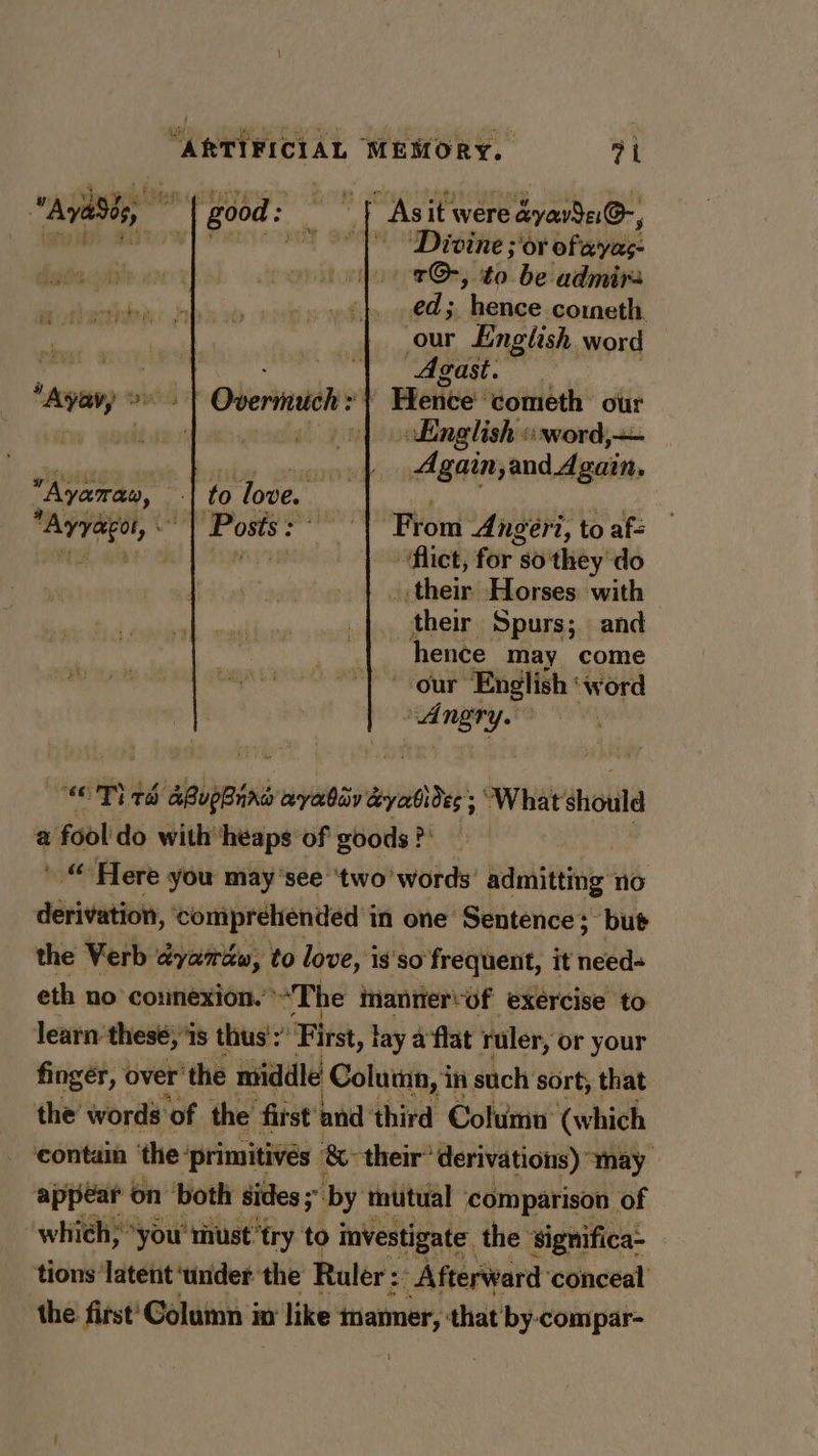 “Ayades, ROOd st  Asit were dvavde@-, wai) 2i ETE, See OEE Et Or ofevyas: t@-, to be admirs  ed; hetige cometh, | our English word | icin MERE eae “Aya, °&gt; - | Overmuch: } | Hence ‘cometh our ' 0) aHnglish «word, wine Again and Again, “Ayaman, to Tove. Posts: From Angeri, to af= i iy ‘of : . - flict, for 80: they do _ their Horses with their Spurs; and hence may come our English word , Ansty. oT Th aiaupeins my eibay mene : What should a fool do with ‘heaps of goods ?* ' “ Here you may 'see ‘two’ words’ admitting “ derivation, comprehended i in one Sentence; but the Verb éyamdée, to love, is'so frequent, it head eth no connexion.” “The mannerof exercise to learn thesé, is thus’: First, } lay a flat ruler, or your finger, over’ ‘the middle ‘Column, in such sort, that the words ‘of the’ fitst and: third Columu (which ‘contain ‘the ‘primitives &amp; their’ derivations) may appear on both sides 5 ‘by: miitual ‘comparison of which; *you' must ‘try to investigate. the ‘significa- tions latent ‘under the Raler : Afterward ‘conceal the first’ Column i in like tamer, that’ mee compar-