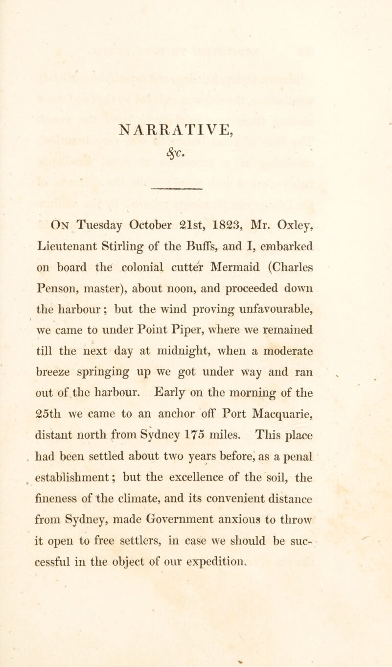 <%'c- On Tuesday October 21st, 1823, Mr. Oxley, Lieutenant Stirling of the Buffs, and I, embarked on board the colonial cutter Mermaid (Charles Penson, master), about noon, and proceeded down the harbour; but the wind proving unfavourable, we came to under Point Piper, where we remained till the next day at midnight, when a moderate breeze springing up we got under way and ran out of the harbour. Early on the morning of the 25th we came to an anchor off Port Macquarie, % distant north from Sydney 175 miles. This place had been settled about two years before, as a penal establishment; but the excellence of the soil, the fineness of the climate, and its convenient distance from Sydney, made Government anxious to throw it open to free settlers, in case we should be suc- cessful in the object of our expedition.