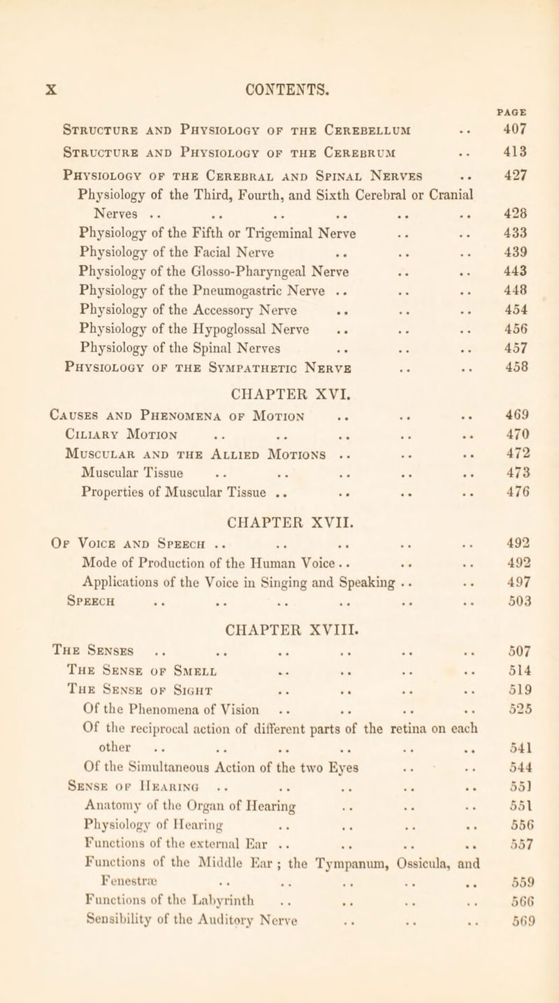STRUCTURE AND PHysIoLoGy oF THE CEREBELLUM STRUCTURE AND PHYSIOLOGY OF THE CEREBRUM PHYSIOLOGY OF THE CEREBRAL AND SPINAL NERVES oe Physiology of the Third, Fourth, and Sixth Cerebral or Cranial Nerves * ya ae Physiology of the Fifth or Ptipenstaal ieee Physiology of the Facial Nerve 36 re Physiology of the Glosso-Pharyngeal Nerve te Physiology of the Pneumogastric Nerve .. Physiology of the Accessory Nerve oe Physiology of the Hypoglossal Nerve .. Physiology of the Spinal Nerves 26 PuysioLoGy OF THE SympaTHeETIc NERVE CHAPTER XVI. CausES AND PHENOMENA OF MoTION Cin1ary Motion MuscuLaR AND THE ALLIED Monae aS ae ee Muscular Tissue ae ° ° Properties of Muscular Tissue .. + +s CHAPTER XVII. Or VoicE AND SPEECH .. Ar a Mode of Production of the ase Voice. . Applications of the Voice in Singing and Scale a SPEECH Ne +e *s CHAPTER XVIII. Tue SENSES Si THE SENSE OF SMELL .- Tue Sense or SiGHT Of the Phenomena of Vision : . Of the reciprocal action of different parts ‘of the retina on each other Of the Simultaneous ‘Antinn of aa two hye es SENSE or Hxanrina Anatomy of the Organ of Beating Physiology of Hearing he Functions of the external Ear .. *. ee Functions of the Middle Ear ; the Tym mpanun, Cesta, and Fenestra Functions of the Lacie Sensibility of the Auditory Nerve 407 413 427 428 433 439 443 448 454 456 457 458 469 470 472 473 476 492 492 497 503 507 514 519 525 541 544 55) 551 556 557 559 566 569
