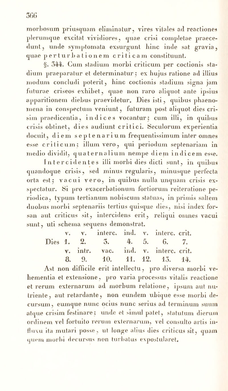 morbosum priusquam eliminatur, vires vitales ad reactiones plerumque excitat vividiores, quae crisi completae praece- dunt, unde symptomata exsurgunt hinc inde sat gravia, quae perturbationem criticam constituunt. §. 344. Cum stadium morbi criticum per coctionis sta- dium praeparatur et determinatur ; ex hujus ratione ad illius modum concludi poterit, hinc coctionis stadium signa jam futurae criseos exhibet, quae non raro aliquot ante ipsius apparitionem diebus praevidetur. Dies isti, quibus phaeno- mena in conspectum veniunt, futuram post aliquot dies cri- sim praedicentia, indices vocantur; cum illi, in quibus crisis oblinet, dies audiunt critici. Seculorum experientia docuit, diem septenarium frequentissimum inter omnes esse criticum; illum vero, qui periodum septenariam in medio dividit, quaternalium nempe diem indicem esse. Intercidentes illi morbi dies dicti sunt, in quibus quandoque crisis, sed minus regularis, minusque perfecta orta estj vacui vero, in quibus nulla unquam crisis ex- spectatur. Si pro exacerbationum fortiorum reiteratione pe- riodica, typum tertianum nobiscum statuas, in primis saltem duobus morbi septenariis tertius quisque dies, nisi index for- san aut criticus sit, intercidens erit, reliqui omnes vacui sunt, uti schema sequens demonstrat. V. V. intere. ind. V. intere, erit. 1. 2. r» o. 4. 5. 6. 7. V. intr. vac. ind. V. intere, erit. 8. 9. 10. 11. 12. 15. 14. Ast non difficile erit intellectu, pro diversa morbi ve- hementia et extensione, pro varia processus vitalis reactione et rerum externarum ad morbum relatione, ipsum aut nu- triente, aut retardante, non eundem ubique esse morbi de- cursum, eumque nunc ocius nunc serius ad terminum suum atque crisim festinare; unde et simul patet, statutum dierum ordinem vel fortuito rerum externarum, vel consulto artis in- fluxu ita mulari posse, ut longe alius dies criticus sit, quam quem morbi decursus non turbatus expostularet.