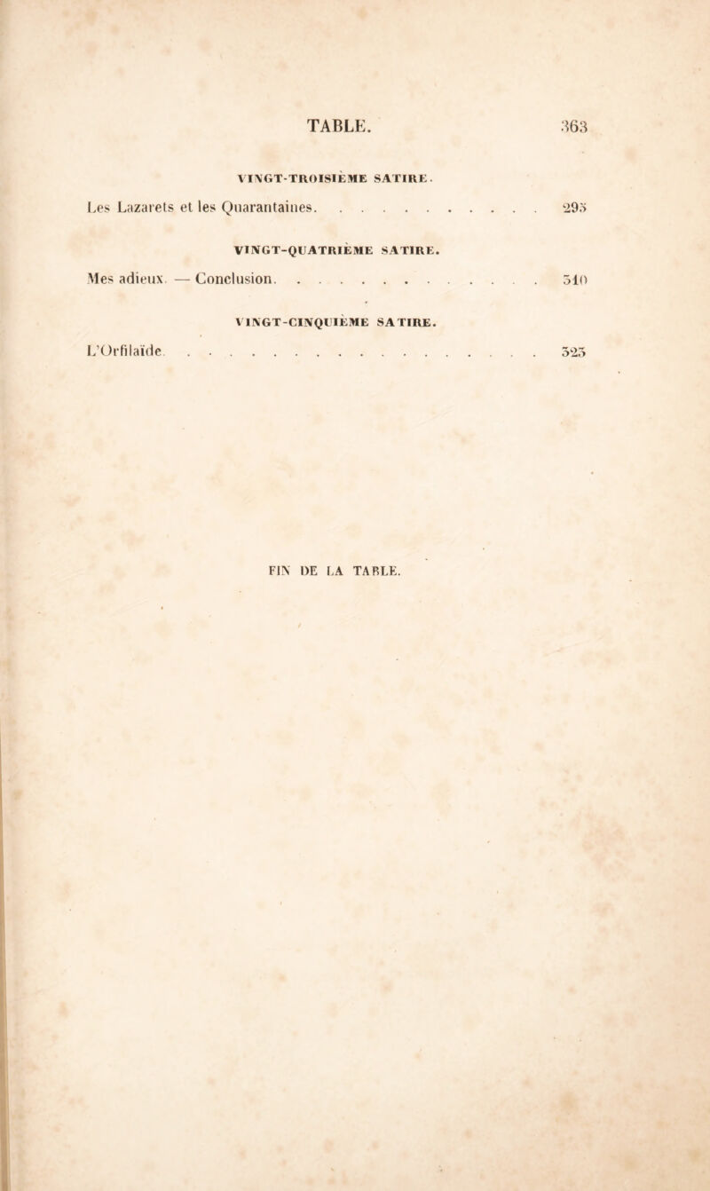 VINGT-TROISIÈME SATIRE. Les Lazarets et les Quarantaines 295 VINGT-QUATRIÈME SATIRE. Mes adieux — Conclusion 510 VINGT-CINQUIÈME SATIRE. L’Or fi laide . 525 FIN DE FA TABLE.