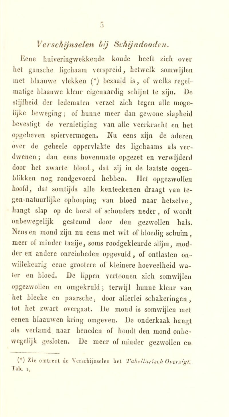 Verschijnselen hij Schijndaoden. Eene huiveringwekkende koude heeft zich over liet gansche ligchaam verspreid, hetwelk somwijlen met blaauwe vlekken (j bezaaid is, of welks regel¬ matige blaauwe kleur eigenaardig schijnt te zijn. De stijfheid der ledematen verzet zich legen alle moge¬ lijke beweging; of hunne meer dan gewone slapheid bevestigt de vernietiging van alle veerkracht en het opgeheven spiervermogen. Nu eens zijn de aderen over de geheele oppervlakte des ligchaams als ver¬ dwenen ; dan eens bovenmate opgezet en verwijderd door het zwarte bloed , dat zij in de laatste oogen- blikken nog rondgevoerd hebben. Het opgezwollen hoofd, dat somtijds alle kenteekenen draagt van te- gen-natuurlijke ophooping van bloed naar hetzelve, hangt slap op de borst of schouders neder, of wordt onbewegelijk gesteund door den gezwollen hals. Neus en mond zijn nu eens met wit of bloedig schuim, meer of minder taaije, soms roodgekleurde slijm, mod¬ der en andere onreinheden opgevuld, of ontlasten on¬ willekeurig eene grootere of kleinere hoeveelheid wa¬ ter en bloed. De lippen vertoonen zich somwijlen opgezwollen en omgekruld ; terwijl hunne kleur van het bleeke en paarsche, door allerlei schakeringen, tot liet zwart overgaat. De mond is somwijlen met eenen blaauwen kring omgeven. De onderkaak hangt als verlamd naar beneden of houdt den mond onbe¬ wegelijk gesloten. De meer of minder gezwollen en V) Zie omtrent de Verschijnselen liet Tabellarisch Overzigt, Tab. i.
