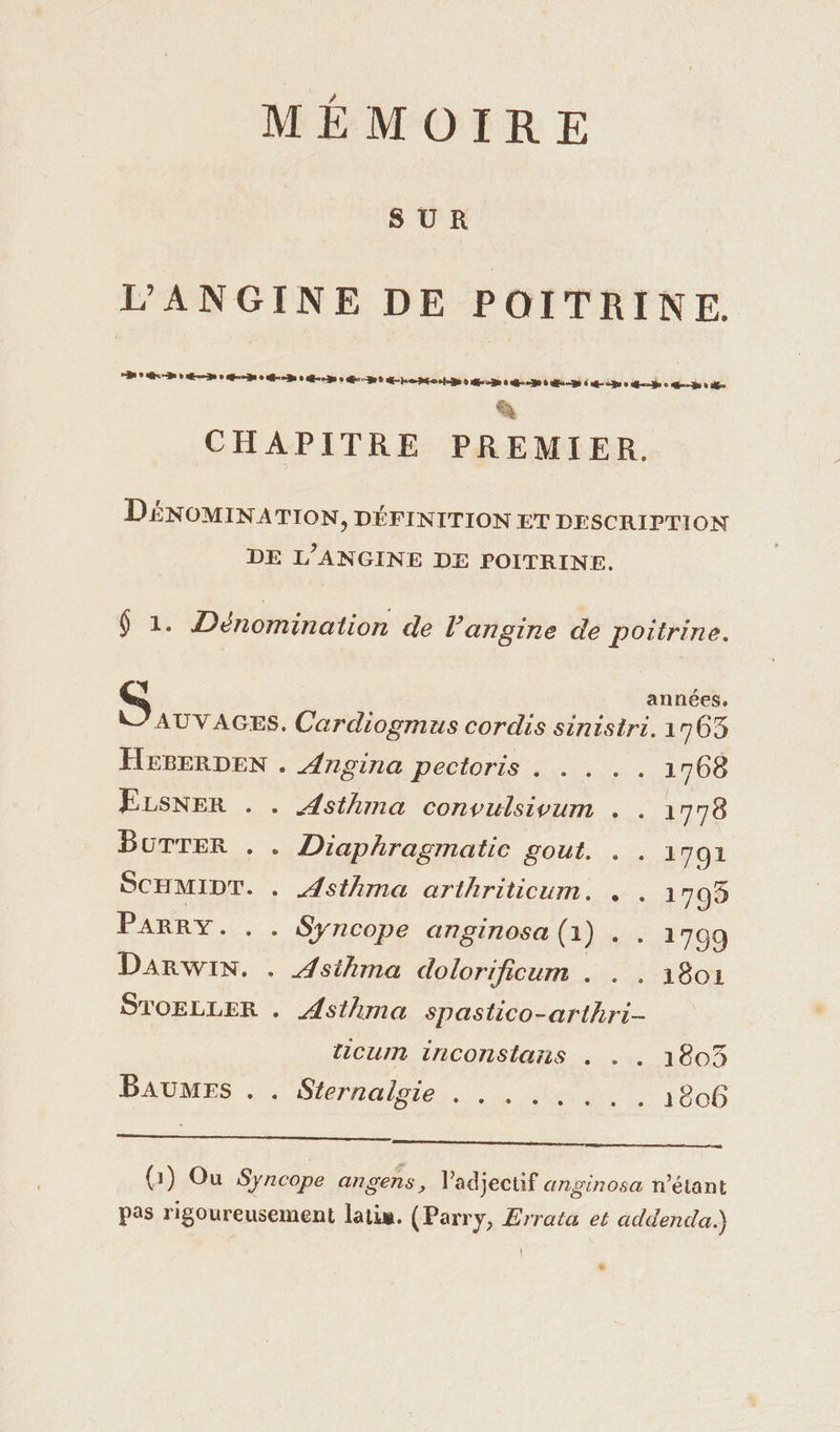 MÉMOIRE SUR L'ANGINE DE POITRINE. PER ED 0 ED 0 ED 0 ED 0 ED E-ho NEO Den 0 ED à ED à ED d ED o Echo 0 nee à En à CHAPITRE PREMIER. DÉNOMINATION, DÉFINITION ET DESCRIPTION DE L’ANGINE DE POITRINE. $ 1. Dénomination de l’angine de poitrine. S années. AUVAGES, Cardiogmus cordis sinistri. 1963 HEBERDEN . Angina pectoris . . . .. 1768 ELSNER . . Asthma convulsivum . . 1778 BUTTER . . Diaphragmatic gout. . . 1791 SCHMIDT. . Asthma arthriticum. . . 1799 PARRY. . . Syncope anginosa (1) .. 1799 DARwWIN, . Asthma dolorificum . . . 1801 STOELLER . Asthma spastico-arthri- icum inconstans . . . 1803 DAMES D Srnalsies AL A 03206 nm ep pu mme mem eu (1) Ou Syncope angens, l'adjectif anginosa n'étant pas rigoureusement latie. (Parry, Errata et addencda.) L2