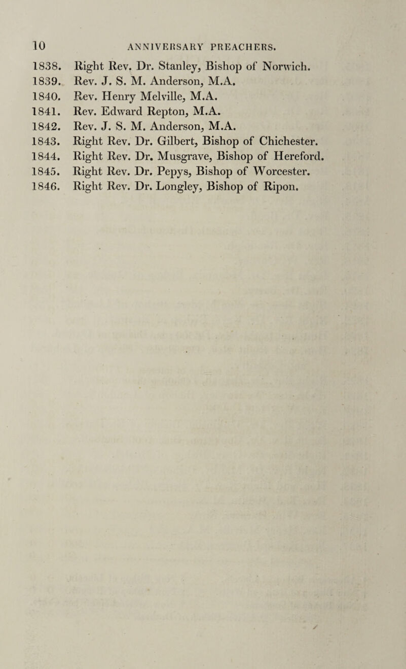 1838. Right Rev. Dr. Stanley, Bishop of Norwich. 1839. Rev. J. S. M. Anderson, M.A. 1840. Rev. Henry Melville, M.A. 1841. Rev. Edward Repton, M.A. 1842. Rev. J. S. M. Anderson, M.A. 1843. Right Rev. Dr. Gilbert, Bishop of Chichester. 1844. Right Rev. Dr. Musgrave, Bishop of Hereford. 1845. Right Rev. Dr. Pepys, Bishop of Worcester. 1846. Right Rev. Dr. Longley, Bishop of Ripon.