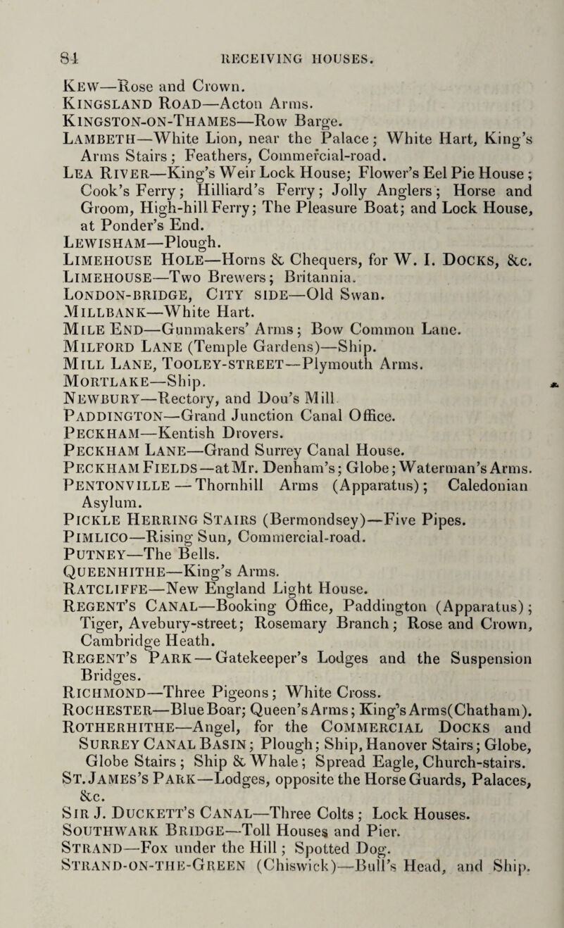 Kevv—Rose and Crown. Kingsland Road—Acton Arms. Kingston-on-Thames—Row Barge. Lambeth—White Lion, near the Palace; White Hart, King’s Anns Stairs; Feathers, Commercial-road. Lea River—King’s Weir Lock House; Flower’s Eel Pie House; Cook’s Ferry; Hilliard’s Ferry; Jolly Anglers; Horse and Groom, High-hill Ferry; The Pleasure Boat; and Lock House, at Ponder’s End. Lewisham—Plough. Limehouse Hole—Horns & Chequers, for W. I. Docks, 8cc. Limehouse—Two Brewers; Britannia. London-bridge, City side—Old Swan. Millbank—White Hart. Mile End—Gunmakers’ Arms; Bow Common Lane. Milford Lane (Temple Gardens)—Ship. Mill Lane, TooLEY-STREET—Plymouth Arms. Mortlake—Ship. Newbury—Rectory, and Don’s Mill Paddington—Grand Junction Canal Office. Peckham—Kentish Drovers. Peckham Lane—Grand Surrey Canal House. Peckham Fields—atMr. Denham’s; Globe; Waterman’s Arms. Pentonville—Thornhill Arms (Apparatus); Caledonian Asylum. Pickle Herring Stairs (Bermondsey)—Five Pipes. Pimlico—Rising Sun, Commercial-road. Putney—The Bells. Queenhithe—King’s Arms. Ratcliffe—New England Light House. Regent’s Canal—Booking Office, Paddington (Apparatus); Tiger, Avebury-street; Rosemary Branch; Rose and Crown, Cambridge Heath. Regent’s Park—Gatekeeper’s Lodges and the Suspension Bridges. Richmond—Three Pigeons; White Cross. Rochester—BlueBoar; Queen’s Arms; King’s Arms(Chatham). Rotherhithe—Angel, for the Commercial Docks and Surrey Canal Basin ; Plough; Ship, Hanover Stairs; Globe, Globe Stairs; Ship & Whale; Spread Eagle, Church-stairs. St. James’s Park—Lodges, opposite the Horse Guards, Palaces, &c. Sir J. Duckett’s Canal—Three Colts; Lock Houses. Southwark Bridge—Toll Houses and Pier. Strand—Fox under the Hill; Spotted Dog. Strand-on-the-Green (ChiswiclO—Bull’s Head, and Ship.