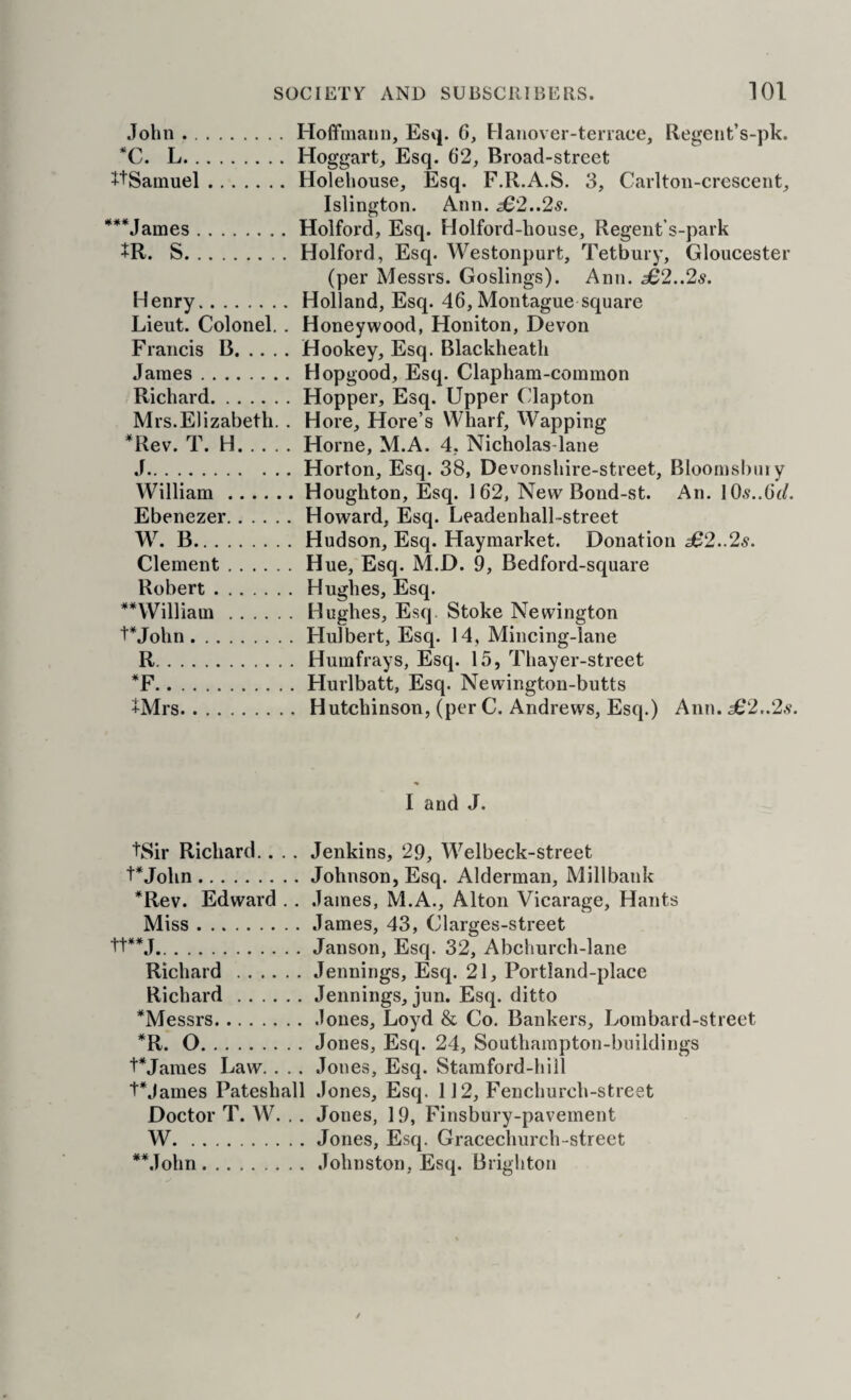 John.Hoffmann, Esq. G, Hanover-terrace, Regent’s-pk. '‘C. L.Hoggart, Esq. G2, Broad-street 5^tSamuel.Holehouse, Esq. F.R.A.S. 3, Carlton-crescent, Islington. Ann. £2..2s. ■^^^James.Holford, Esq. Holford-house, Regent’s-park +R. S.Holford, Esq. Westonpurt, Tetbury, Gloucester (per Messrs. Goslings). Ann. £2..2s. Henry.Holland, Esq. 46, Montague square Lieut. Colonel.. Honeywood, Honiton, Devon Francis B.Hookey, Esq. Blackheath James. Hopgood, Esq. Clapham-common Richard.Hopper, Esq. Upper Clapton Mrs.Elizabeth. . Hore, Here’s Wharf, Wapping *Rev. T. H.Horne, M.A. 4, Nicholas-lane J.Horton, Esq. 38, Devonshire-street, Bloomsbiny William.Houghton, Esq. 162, New Bond-st. An. I0,9..6^/. Ebenezer.Howard, Esq. Leadenhall-street W. B.Hudson, Esq. Haymarket. Donation £2..2s. Clement.Hue, Esq. M.D. 9, Bedford-square Robert.Hughes, Esq. William .Hughes, Esq Stoke Newington t*John.Hulbert, Esq. 14, Mincing-lane R.Humfrays, Esq. 15, Thayer-street *F.Hurlbatt, Esq. Newington-butts +Mrs.Hutchinson, (per C. Andrews, Esq.) Anm 36*2..2.v. I and J. tSir Richard.. .. Jenkins, 29, Welbeck-street t*John.Johnson, Esq. Alderman, Millbank *Rev. Edward .. James, M.A., Alton Vicarage, Hants Miss.James, 43, Clarges-street tt**J.Janson, Esq. 32, Abchurch-lane Richard .Jennings, Esq. 21, Portland-place Richard.Jennings, jun. Esq. ditto ^Messrs.lones, Loyd & Co. Bankers, Lombard-street *R. O.Jones, Esq. 24, Southampton-bnildings UJames Law. . . . Jones, Esq. Stamford-hill Ujames Pateshall Jones, Esq, 112, Fenchurch-street Doctor T. W. ., Jones, 19, Finsbury-pavement W.Jones, Esq. Gracechurch-strect **John.Johnston, Esq. Brighton