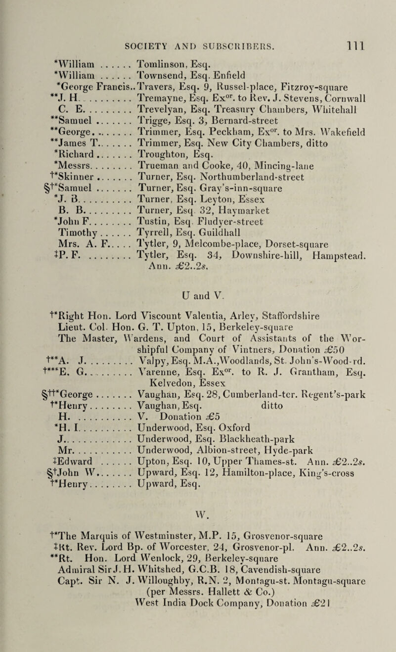 ^William.Tomlinson, Esq. *VVilliam.Townsend, Esq. Enfield ^George Francis..Travers, Esq. 9, Russel-place, Fitzroy-sqiiare H.Tremayne, Esq. Ex°U to Rev, J. Stevens, Cornwall C. E.Trevelyan, Esq. Treasury Chambers, Whitehall *^Samuel.Trigge, Esq. 3, Bernard-street **George.Trimmer, Esq. Peckham, Ex°U to Mrs. Wakefield **James T.Trimmer, Esq. New City Chambers, ditto *Richard.Troughton, Esq. ^Messrs.Trueman and Cooke, 40, Mincing-lane PSkinner.Turner, Esq. Northumberland-street §’l*Samuel. Turner, Esq. Gray’s-inn-square *J. B.Turner, Esq. Leyton, Essex B. B.Turner, Esq. 32, Haymarket *John F.Tustin, Esq. Fiudyer-street Timothy.Tyrrell, Esq. Guildhall Mrs. A. F.Tytler, 9, Melcombe-place, Dorset-square JP. F.Tytler, Esq. 34, Downshire-liill, Hampstead. Ann. £2..2s. U and V. PRight Hon. Lord Viscount Valentia, Alley, Staffordshire Lieut. Col. Hon. G. T. Upton, 15, Berkeley-square The Master, Wardens, and Court of Assistants of the Wor¬ shipful Company of Vintners, Donation £50 +**A. J.Valpy, Esq. M.A.,Woodlands, St. John’s-Wood-rd. t***E. G. Varenne, Esq. Ex®’^'. to R. J. Grantham, Esq. Kelvedon, Essex §tt*George.Vaughan, Esq. 28, Curaberland-ter. Regent’s-park PHenry.Vaughan, Esq. ditto H.V. Donation £5 *H. I.Underwood, Esq. Oxford J.Underwood, Esq. Blackheath-park Mr.Underwood, Albion-street, Hyde-park +Edward .Upton, Esq. 10, Upper Tharaes-st. Ann. £2..2s. §tJohn W.Upward, Esq. 12, Hamilton-place, King’s-cross PHenry.Upward, Esq. W. PThe Marquis of Westminster, M.P. 15, Grosvenor-square tKt. Rev. Lord Bp. of Worcester, 24, Grosvenor-pl. Ann. £2..2s. **Rt. Hon. Lord Wenlock, 29, Berkeley-square Admiral Sir J. H. Whitshed, G.C.B. 18, Cavendish-square Capt. Sir N. J. Willoughby, R.N. 2, Montagu-st. Montagu-square (per Messrs. Hallett & Co.) West India Dock Company, Donation ^21