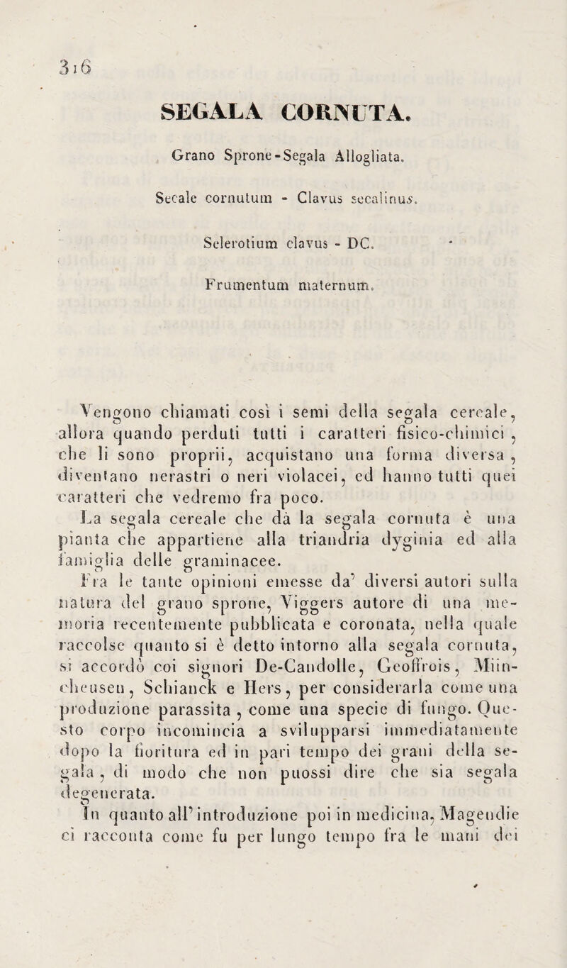 SEGALA CORNUTA. Grano Sprone-Segala Àllogliata. Secale cornutum - Clavus secai inus. Selerotium clavus - DC. Frumentum maternum. Vengono chiamati cosi i semi della segala cereale, allora quando perduti tutti i caratteri fisico-chimici , che li sono proprii, acquistano una forma diversa , diventano nerastri o neri violacei, ed hanno tutti quei caratteri che vedremo fra poco. La segala cereale che dà la segala cornuta è una pianta che appartiene alla triandria dyginia ed aila iamiglia delle graminacee. Fra le tante opinioni emesse da’ diversi autori sulla natura del grano sprone, Viggers autore di una me¬ moria recentemente pubblicata e coronata, nella quale raccolse quanto si è detto intorno alla segala cornuta, si accordò coi signori De-Candolle, Geoffrois, Miin- eheusen, Schianck e Hers, per considerarla come una produzione parassita , come una specie di fungo. Que¬ sto corpo incomincia a svilupparsi immediatamente dopo la fioritura ed in pari tempo dei grani della se¬ gala , di modo che non puossi dire che sia segala degenerata. In quanto all’introduzione poi in medicina, Magendie ci racconta come fu per lungo tempo fra le mani dei