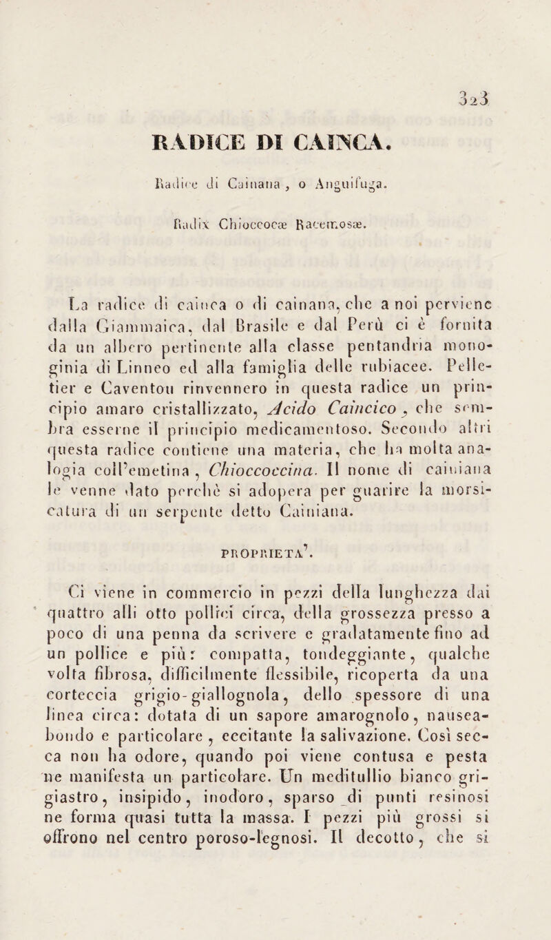 RADICE DI CAIISCA. Radice di Cainatia , o Anguifuga. Radix Chioccocoe Raeernosae. La radice di carnea o di cainana, che a noi perviene dalla Giammaica, dal Brasile e dal Perù ci è fornita da un albero pertinente alla classe pentandria mono- ginia di Linneo ed alla famiglia delle rubiacee. Pelle- tier e Caventou rinvennero in epiesta radice un prin¬ cipio amaro cristallizzato, Àcido Caìncico 7 che sem¬ bra esserne il principio medicamentoso. Secondo altri questa radice contiene una materia, che ha molta ana¬ logia coll’emetina , Chioccoccina. Il nome di cainiana le venne dato perchè si adopera per guarire la morsi¬ catura di un serpente detto Cainiana. proprietà’. Ci viene in commercio in pezzi della lunghezza dai quattro a 11 i otto polirci circa, della grossezza presso a poco di una penna da scrivere e gradatamente fino ad un pollice e più: compatta, tondeggiante, qualche volta fibrosa, difficilmente flessibile, ricoperta da una corteccia grigio-giallognola, dello spessore di una linea circa: dotata di un sapore amarognolo, nausea¬ bondo e particolare , eccitante la salivazione. Così sec¬ ca non ha odore, quando poi viene contusa e pesta ne manifesta un particolare. Un naeditullio bianco gri¬ giastro, insipido, inodoro, sparso di punti resinosi ne forma quasi tutta la massa. I pezzi più grossi si offrono nel centro poroso-legnosi. Il decotto, che si