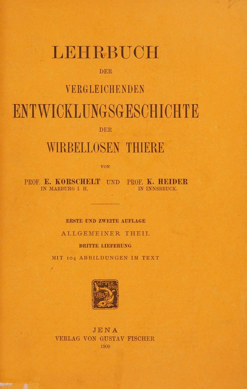 DER VERGLEICHENDEN ENTWICKLUNGSGESCHICHTE DER WIRBELLOSEN THIERE VON PROF, E. KORSCHELT UND PROF K. HEIDER IN MARBURG I. H. IN INNSBRUCK. ERSTE UND ZWEITE AUFLAGE AEURENDINER ERETE DRITTE LIEFERUNG MIT 104 ABBILDUNGEN IM TEXT VERLAG VON GUSTAV FISCHER 1909
