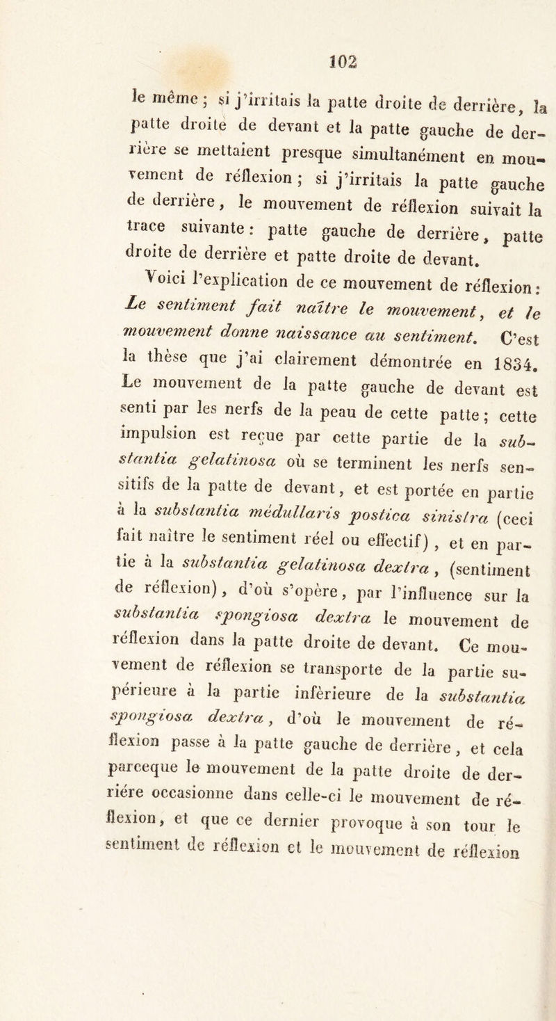 le même; $i j irritais la patte droite de derrière, 1 patte droite de devant et la patte gauche de der- rière se mettaient presque simultanément en mou» vement de réflexion; si j’irritais la patte gauche de derrière, le mouvement de réflexion suivait la trace suivante: patte gauche de derrière, patte dioite de derrière et patte droite de devant. 'Voici l’explication de ce mouvement de réflexion: Le sentiment fait naître le mouvement, et le mouvement donne naissance au sentiment. C’est la thèse que j’ai clairement démontrée en 1834. Le mouvement de la patte gauche de devant est senti par les neifs de la peau de cette patte ; cette impulsion est reçue par cette partie de la sub- stantia gelatinosa où se terminent les nerfs sen- sitifs de la patte de devant, et est portée en partie à la substantia médullaris postica sinislra (ceci fait naître le sentiment réel ou effectif) , et en par- tie à la substantia gelatinosa dextra , (sentiment de réflexion), d’où s’opère, par l’influence sur la substantia spongiosa dextra le mouvement de réflexion dans la patte droite de devant. Ce mou- vement de réflexion se transporte de la partie su- périeure à la partie inférieure de la substantia spongiosa dextra, d’où le mouvement de ré- flexion passe à la patte gauche de derrière, et cela parceque le mouvement de la patte droite de der- liéie occasionne dans celle-ci le mouvement de ré- flexion, et que ce dernier provoque à son tour le sentiment de réflexion et le mouvement de réflexion