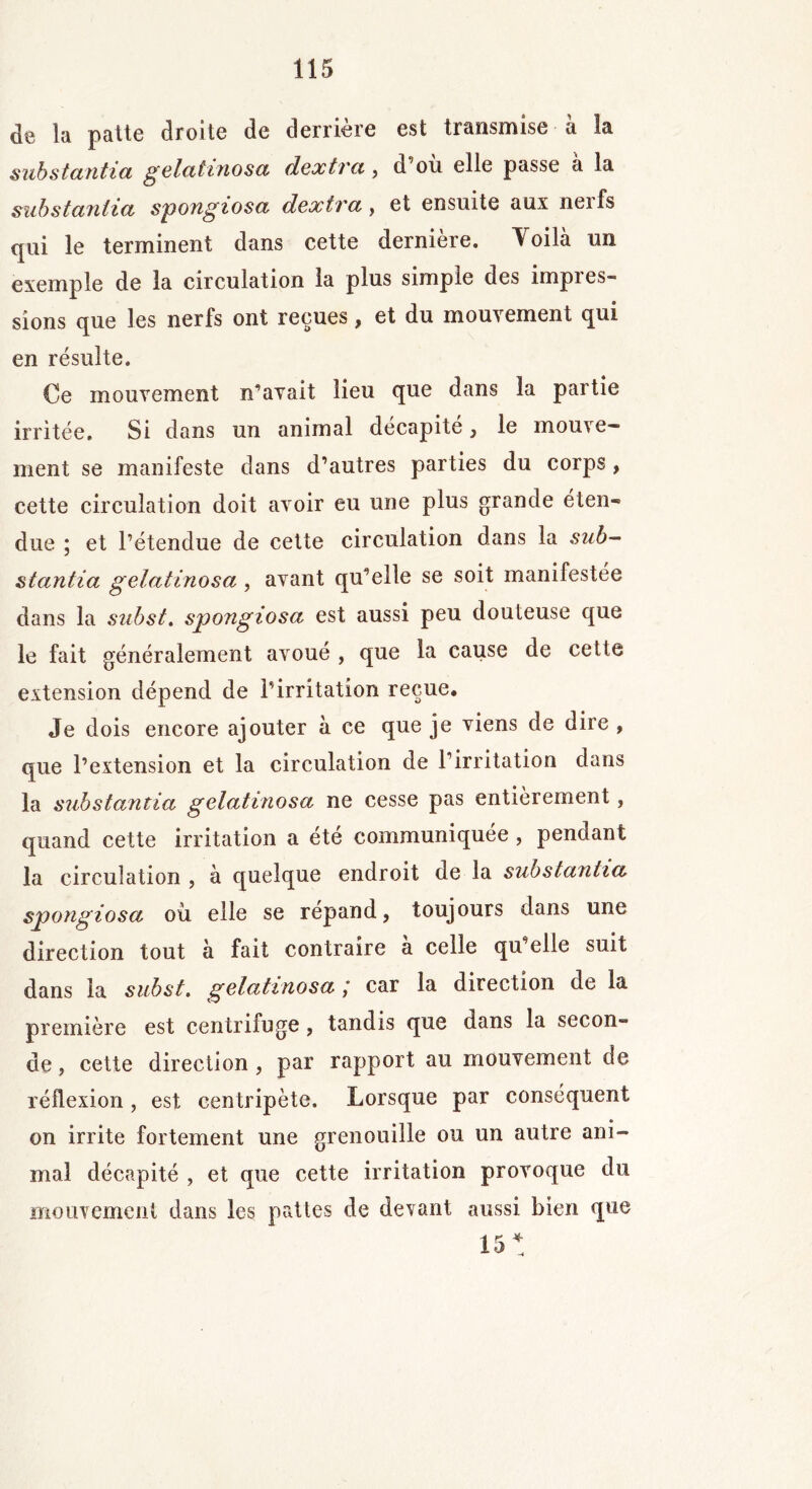 de la patte droite de derrière est transmise a la substantiel gelatinosa dextra, d’où elle passe à la substantiel spongiosa dextva, et ensuite aux neifs qui le terminent dans cette dernière. Voilà un exemple de la circulation la plus simple des impies- sions que les nerfs ont reçues, et du mouvement qui en résulte. Ce mouvement n’avait lieu que dans la partie irritée. Si dans un animal décapité, le mouve- ment se manifeste dans d’autres parties du corps, cette circulation doit avoir eu une plus grande éten- due ; et l’étendue de cette circulation dans la sub- stantia gelatinosa, avant qu’elle se soit manifestée dans la snbst. spongiosa est aussi peu douteuse que le fait généralement avoué , que la cause de cette extension dépend de l’irritation reçue. Je dois encore ajouter à ce que je viens de dire , que l’extension et la circulation de l’irritation dans la substantia gelatinosa ne cesse pas entièrement , quand cette irritation a été communiquée, pendant la circulation , à quelque endroit de la substantia spongiosa où elle se répand, toujours dans une direction tout à fait contraire à celle qu’elle suit dans la subst. gelatinosa ; car la direction de la première est centrifuge, tandis que dans la secon- de, cette direction, par rapport au mouvement de réflexion , est centripète. Lorsque par conséquent on irrite fortement une grenouille ou un autre ani- mal décapité , et que cette irritation provoque du mouvement dans les pattes de devant aussi bien que 15*