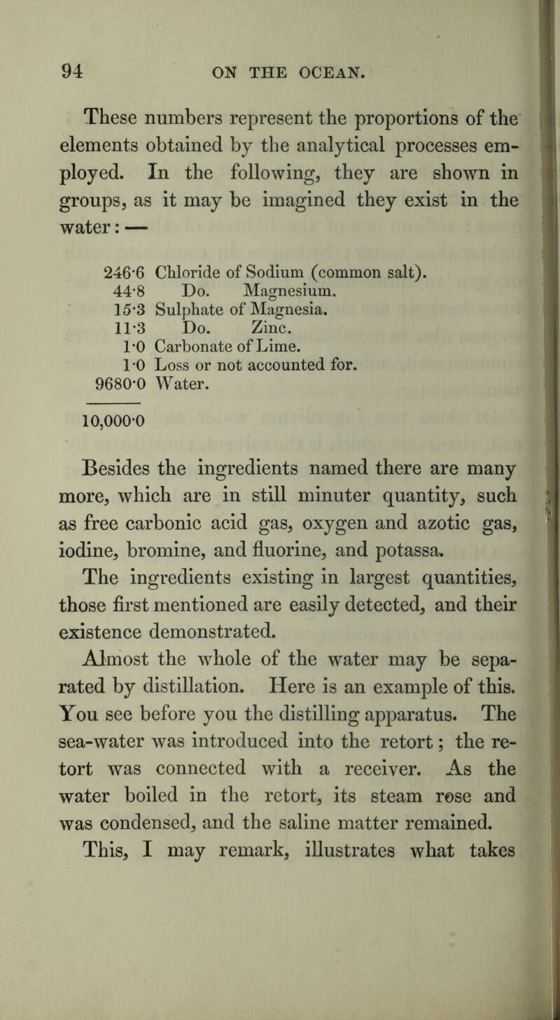 These numbers represent the proportions of the elements obtained by the analytical processes em- ployed. In the following, they are shown in groups, as it may be imagined they exist in the water: — 246'6 Chloride of Sodium (common salt). 44’8 Do. Magnesium. 15‘3 Sulphate of Magnesia. 1L3 Do. Zinc. l’O Carbonate of Lime. 1-0 Loss or not accounted for. 9680-0 Water. 10,000-0 Besides the ingredients named there are many more, which are in still minuter quantity, such as free carbonic acid gas, oxygen and azotic gas, iodine, bromine, and fluorine, and potassa. The ingredients existing in largest quantities, those first mentioned are easily detected, and their existence demonstrated. Almost the whole of the water may be sepa- rated by distillation. Here is an example of this. You see before you the distilling apparatus. The sea-water was introduced into the retort; the re- tort was connected with a receiver. As the water boiled in the retort, its steam rose and was condensed, and the saline matter remained. This, I may remark, illustrates what takes