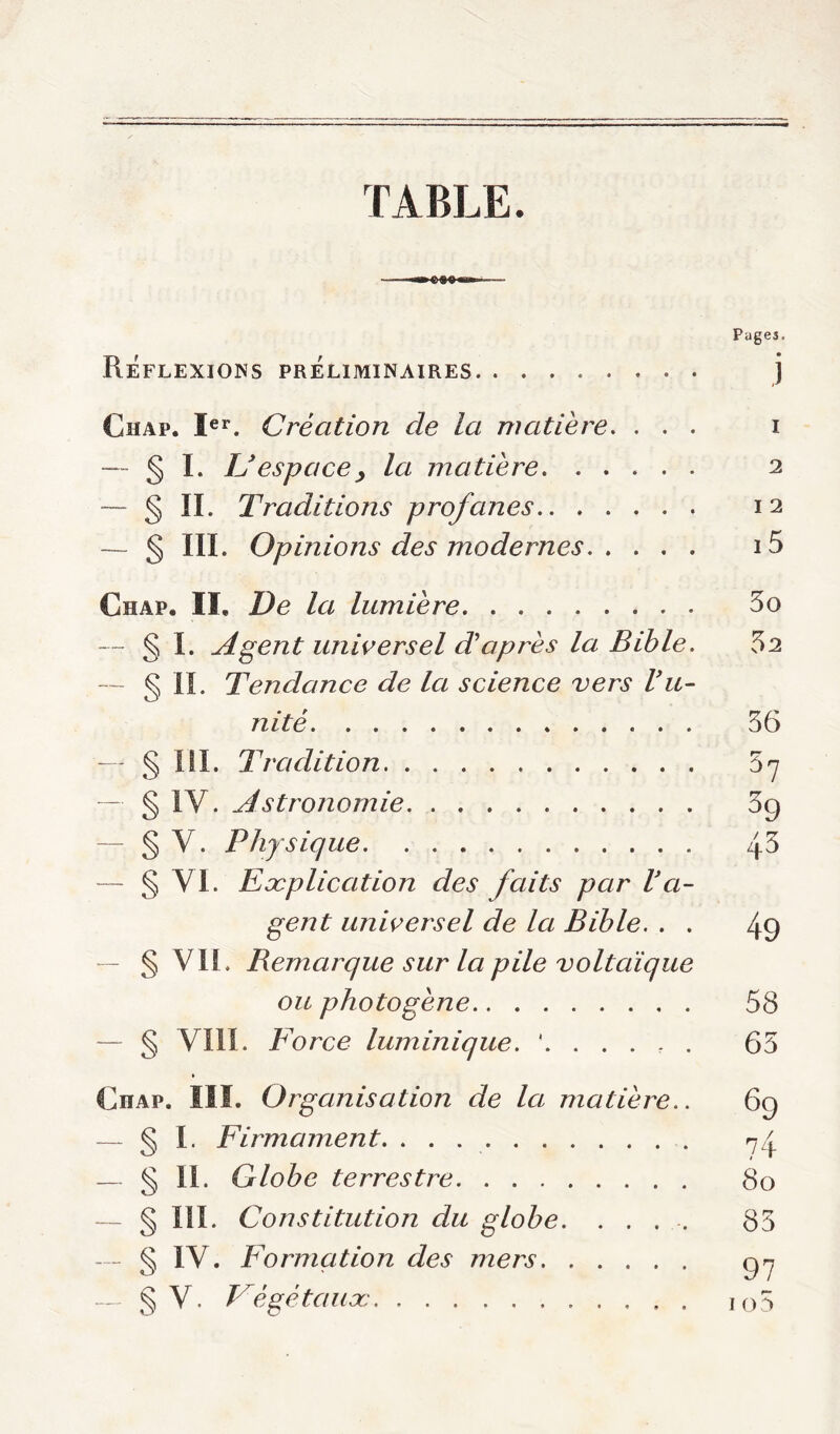 TABLE. Pages. Réflexions préliminaires j Ciiai». Ier. Création cle la matière. ... i — § I. IJ espace > la matière 2 — § II. Traditions profanes 12 — § III. Opinions des modernes i5 Chap. II. De la lumière. . . . 5o — § I. Agent universel d'après la Bible. 52 — § II. Tendance de la science vers Va- nité 36 — § III. Tradition 5 7 § IV. Astronomie og § V. Physique 4^ — § VI. Explication des faits par l'a- gent universel de la Bible. . . 49 — § VII . Bemarque sur la pile voltaïque ou photogène 58 — § VIII. Force luminique. ...... 65 Chap. III. Organisation de la matière.. 69 — § I. Firmament. . . 74 — § II. Globe terrestre 80 — § III. Constitution du globe. .... 85 — § IV. Formation des mers 9 r, § V. Végétaux 1 o5