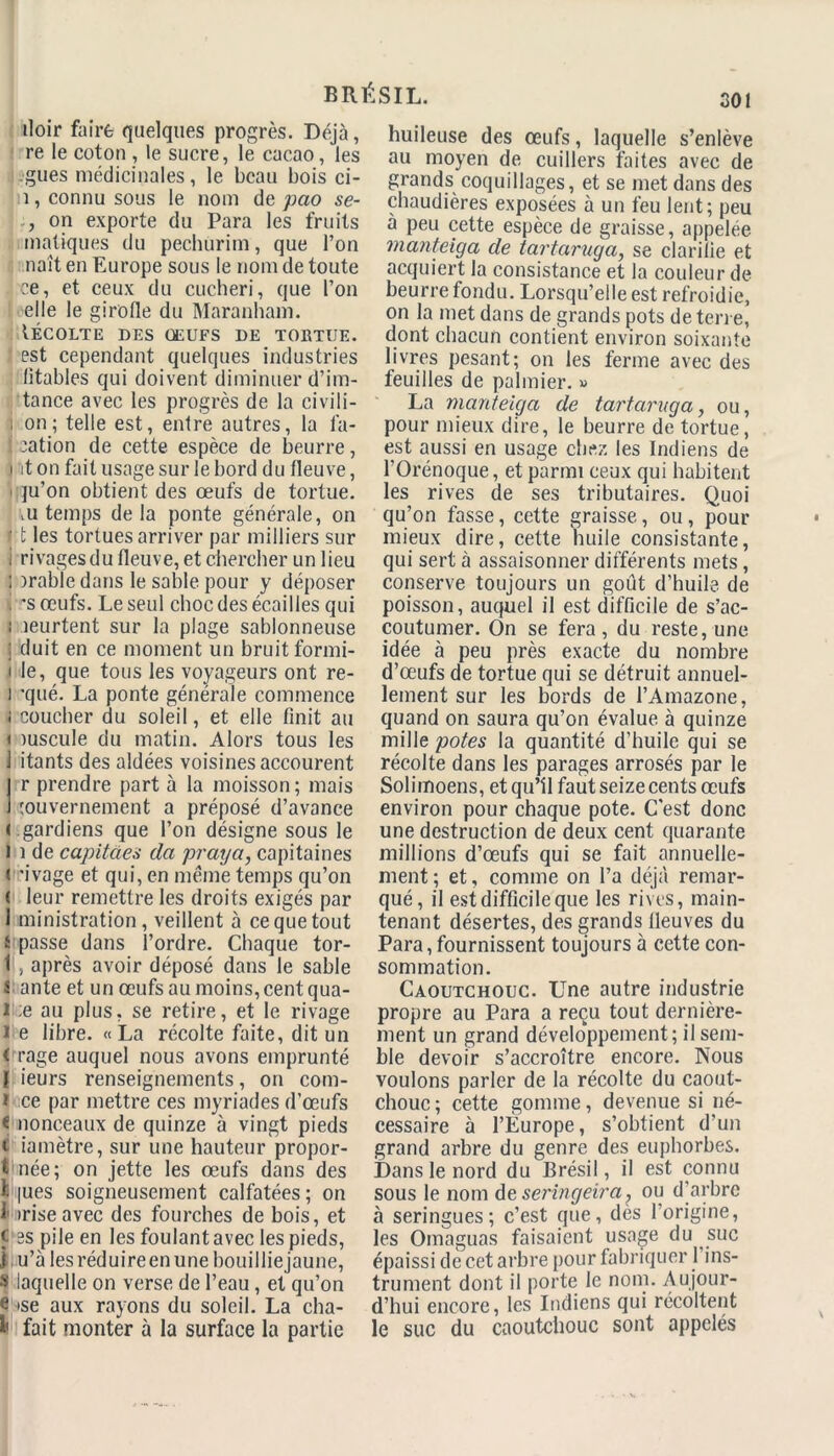 iloir faire quelques progrès. Déjà, re le coton , le sucre, le cacao, les gués médicinales, le beau bois ci- n, connu sous le nom de pao se- , on exporte du Para les fruits matiques du pechurim, que l’on naît en Europe sous le nom de toute •i ce, et ceux du cucheri, que l’on -elle le girofle du Maranham. tÉCOLTE DES ŒUFS DE TORTUE. est cependant quelques industries litables qui doivent diminuer d’im- tance avec les progrès de la civili- i on; telle est, entre autres, la la- cation de cette espèce de beurre, i it on fait usage sur le bord du fleuve, < ju’on obtient des œufs de tortue, vu temps delà ponte générale, on J t les tortues arriver par milliers sur i rivages du fleuve, et chercher un lieu ; irable dans le sable pour y déposer . *s œufs. Le seul choc des écailles qui ; îeurtent sur la plage sablonneuse ; duit en ce moment un bruit formi- i le, que tous les voyageurs ont re- ] ’qué. La ponte générale commence i coucher du soleil, et elle finit au i luscule du matin. Alors tous les 1 itants des aidées voisines accourent | r prendre part 5 la moisson ; mais I gouvernement a préposé d’avance « gardiens que l’on désigne sous le i i de capitàes da praya, capitaines i ’ivage et qui, en meme temps qu’on ( leur remettre les droits exigés par 1 ministration, veillent 5 ce que tout i passe dans l’ordre. Chaque tor- 1 , après avoir déposé dans le sable s ante et un œufs au moins, cent qua- i ;e au plus, se retire, et le rivage l e libre. «La récolte faite, dit un ( rage auquel nous avons emprunté 1 ieurs renseignements, on com- i ce par mettre ces myriades d’œufs c lionceaux de quinze à vingt pieds t iamètre, sur une hauteur propor- t née; on jette les œufs dans des li |ues soigneusement calfatées ; on I irise avec des fourches de bois, et ç ss pile en les foulant avec les pieds, J u’àlesréduireenunebouilliejaune, s laquelle on verse de l’eau , et qu’on e ise aux rayons du soleil. La cha- fait monter à la surface la partie huileuse des œufs, laquelle s’enlève au moyen de cuillers faites avec de grands coquillages, et se met dans des chaudières exposées à un feu lent; peu à peu cette espèce de graisse, appelée manteiga de tartaruga, se clarifie et acquiert la consistance et la couleur de beurre fondu. Lorsqu’elle est refroidie, on la met dans de grands pots de terre, dont chacun contient environ soixante livres pesant; on les ferme avec des feuilles de palmier. » La manteiga de tartaruga, ou, pour mieux dire, le beurre de tortue, est aussi en usage chez les Indiens de l’Orénoque, et parmi ceux qui habitent les rives de ses tributaires. Quoi qu’on fasse, cette graisse, ou , pour mieux dire, cette huile consistante, qui sert à assaisonner différents mets, conserve toujours un goût d’huile de poisson, auquel il est difficile de s’ac- coutumer. On se fera, du reste, une idée à peu près exacte du nombre d’œufs de tortue qui se détruit annuel- lement sur les bords de l’Amazone, quand on saura qu’on évalue à quinze mille potes la quantité d’huile qui se récolte dans les parages arrosés par le Solimoens, et qu’il faut seize cents œufs environ pour chaque pote. C'est donc une destruction de deux cent quarante millions d’œufs qui se fait annuelle- ment; et, comme on l’a déjà remar- qué, il est difficile que les rives, main- tenant désertes, des grands lleuves du Para, fournissent toujours à cette con- sommation. Caoutchouc. Une autre industrie propre au Para a reçu tout dernière- ment un grand développement; il sem- ble devoir s’accroître encore. Nous voulons parler de la récolte du caout- chouc ; cette gomme, devenue si né- cessaire à l’Europe, s’obtient d’un grand arbre du genre des euphorbes. Dans le nord du Brésil, il est connu sous le nom de seringeira ? ou d’arbre à seringues; c’est que, des l’origine, les Omaguas faisaient usage du suc épaissi de cet arbre pour fabriquer 1 ins- trument dont il porte le nom. Aujour- d’hui encore, les Indiens qui récoltent le suc du caoutchouc sont appelés