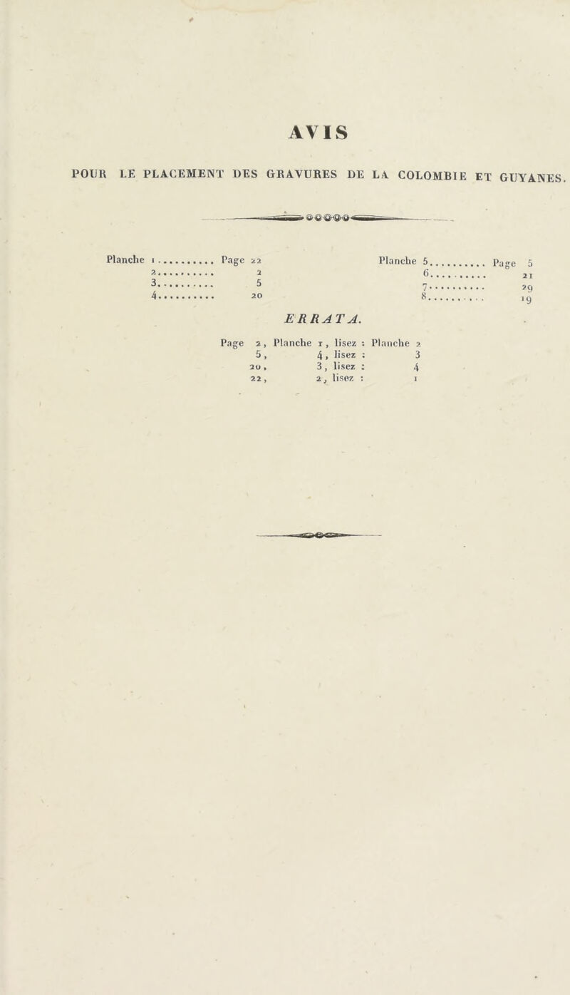 AVIS POUR LE PLACEMENT DES GRAVURES DE LA. COLOMBIE ET GUY ANES. Planche i Page 22 Planche 5 » 2 (5 3 5 4 20 8. ERRATA. Page 2 , Planche 1, lisez : Planche 2 5 , 4 > lisez : 3 2o, 3, lisez : 4 22 , 2, lisez : 1 Page 5 21 '9