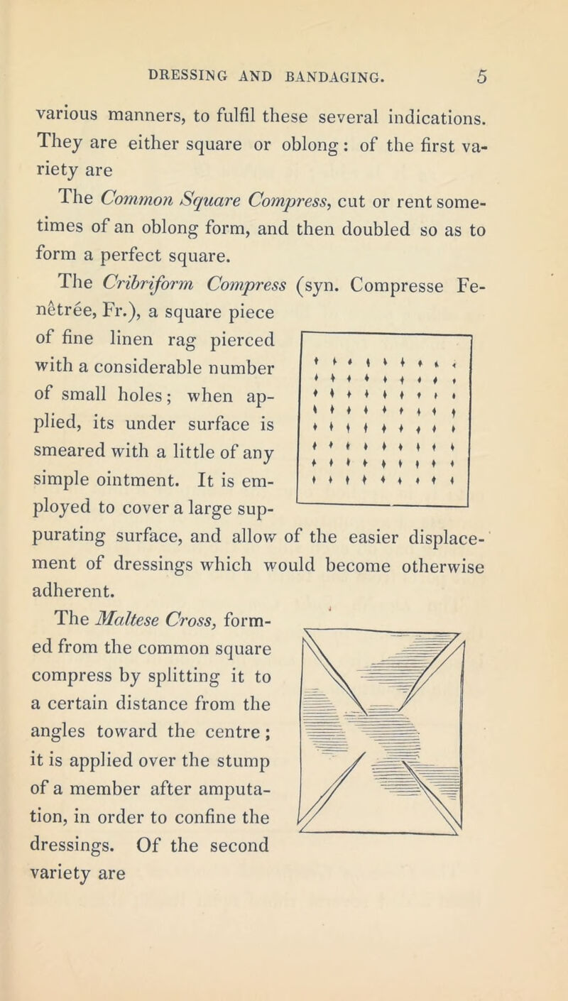 various manners, to fulfil these several indications. They are either square or oblong: of the first va- riety are The Common Square Compress, cut or rent some- times of an oblong form, and then doubled so as to form a perfect square. The Cribriform Compress (syn. Compresse Fe- netree, Fr.), a square piece of fine linen rag pierced with a considerable number of small holes; when ap- plied, its under surface is smeared with a little of any simple ointment. It is em- ployed to cover a large sup- purating surface, and allow of the easier displace- ment of dressings which would become otherwise adherent. The Maltese Cross, form- ed from the common square compress by splitting it to a certain distance from the angles toward the centre; it is applied over the stump of a member after amputa- tion, in order to confine the dressings. Of the second variety are ♦ ♦ ♦ * * ♦ * » , *♦♦♦444*4 ♦ ♦♦♦*♦ ♦ t i *♦*♦♦ 4 4 4 4 ♦♦♦♦♦4*4 4 ♦ ♦* 4 * 4 4 4 4 ♦ ♦ » 4 4 4 4 4 4 4*41 4 4 4 4 4