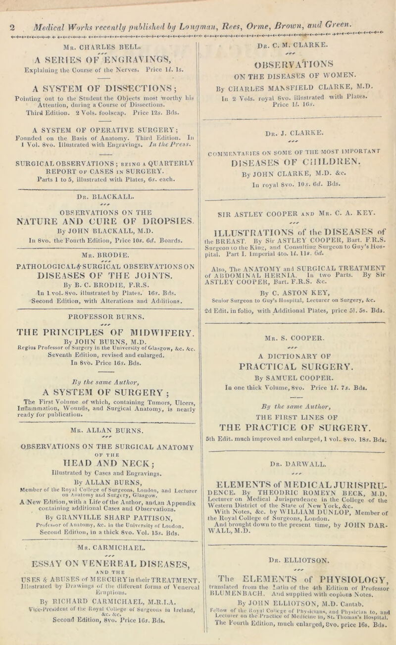 2 Medical Works recently published by Long man, Rees, Orine, Brown, and Green. Dr. C. M. CLARKE. Mr. CHARLES BELL. A SERIES OF ENGRAVINGS, Explaining the Course of the Nerves. Price 11. Is. A SYSTEM OF DISSECTIONS; Pointing out to the Student the Objects most worthy his Attention, during a Course of Dissections. Third Edition. 2 Yols. foolscap. Price 12.?. Bds. A SYSTEM OF OPERATIVE SURGERY; Founded on the Basis of Anatomy. Third Edition. In 1 Vol. 8vo. Illustrated with Engravings. In the Press. SURGICAL OBSERVATIONS ; being a QUARTERLY REPORT of CASES in SURGERY. Parts 1 to 5, illustrated with Plates, O.v. each. Dr. BLACKALL. OBSERVATIONS ON THE DISEASES OF WOMEN. By CHARLES MANSFIELD CLARKE, M.D. In 2 Vols. royal Svo. illustrated with Plates. Price 1/. 16^. Dii. J. CLARKE. COMMI-.NTAIMES ON SOME OF THE MOST IMPORTANT DISEASES OF CHILDREN. By JOHN CLARKE, M.D. &c. In royal Svo. 10.?. 6d. Bds. OBSERVATIONS ON THE NATURE AND CURE OF DROPSIES. By JOHN BLACKALL, M.D. In 8vo. the Fourth Edition, Price 10s. 0d. Boards. Mr. BIlODIE. PATHOLOGIC AL^SURgTcAL OBSERVATIONS ON DISEASES OF TEE JOINTS. l?y B. C. BRODIE, F.R.S. In 1 vol. Svo. illustrated by Plates. 16?. Bds. Second Edition, with Alterations and Additions. PROFESSOR BURNS. THE PRINCIPLES OF B1IDWIFERY. By JOHN BURNS, M.D. Regius Professor of Surgery in tire University of Glasgow, &c. Ate. Seventh Edition, revised and enlarged. In Svo. Price 16?. Bds. By the same Author, A SYSTEM OF SURGERY ; The First Volume of which, containing Tumors, Ulcers, Inflammation, Wounds, and Surgical Anatomy, is nearly ready for publication. Mr. ALLAN BURNS. ■A--A OBSERVATIONS ON THE SURGICAL ANATOMY OF THE HEAD AND NECK; Illustrated by Cases and Engravings. By ALLAN BURNS, Member of the Itoyal College of Surgeons, Loudon, and Lecturer on Anatomy and Surgery, Glasgow. A New Edition, with a Life of the Author, and.au Appendix containing additional Cases and Observations. By GRANVILLE SHARP PATTISON, Proft's.or of Anatomy, &c. in the University of London. Second Edition, in a thick Svo. Vol. 15,?. Bds. Mr. CARMICHAEL. ■a .a a ESSAY ON VENEREAL DISEASES, AND THE USES A' ABUSES of MERCURYin theirTREATMENT. Illustrated by Drawings of the different forms of Venereal Eruptions. By RICHARD CARMICHAEL, M.R.I.A. Vice-President of the Royal College of Surgeons in Ireland, &c. &c. Second Edition, Svo. Price lGi. Bds. SIR ASTLEY COOPER and Mr. C. A. KEY. ILLUSTRATIONS of the DISEASES of the BREAST. By Sir ASTLEY COOPER, Bart. F.R.S. Surgeon vo the King, and Consulting Surgeon to Guy’s Hos- pital. Part I. Imperial 4to. U. 11*. Grf. Also, The ANATOMY an I SURGICAL TREATMENT of ABDOMINAL HERNIA. In two Parts. By Sir ASTLEY COOPER, Bart. F.R.S. &c. By C. ASTON KEY, Senior Surgeon to Guy’s Hospital, Lecturer on Surgery, &c. 2d Edit, in folio, with Additional Plates, price 51. 5s. Bds. Mr. S. COOPER. a A DICTIONARY OF PRACTICAL SURGERY. By SAMUEL COOPER. In one thick Volume, 8vo. Price 11. 7s. Bds. By the same Author, THE FIRST LINES OF THE PRACTICE OF SURGERY. 5th Edit, much improved and enlarged, I vol. 8vo. 18,v. Bds. Dr. DARWALL. ELEMENTS of M EDICAL JURISPRU- DENCE. By THEODRIC ROMEYN BECK, M.D. Lecturer on Medical Jurisprudence in the College of the Western District of the Stale of New York, &c. With Notes, &c. by WILLIAM DUNLOP, Member of the Royal College of Surgeons, London. And brought down to the present time, bv JOHN DAR- WALL, M.D. Dr. ELLIOTSON. The ELEMENTS of PHYSIOLOGY, translated from the Latin of the 4th Edition of Professor BLUMENBACH, And supplied with copious Notes. By JOHN ELLIOTSON, M.D. Cantab. Fellow of iht- itoyal College of Physician*, and Physician to, and Lecturer on the Practice of Medicine in, St, Thomas’s Hospital. The Fourth Edition, much enlarged, 8vo. price 16s. Bds.