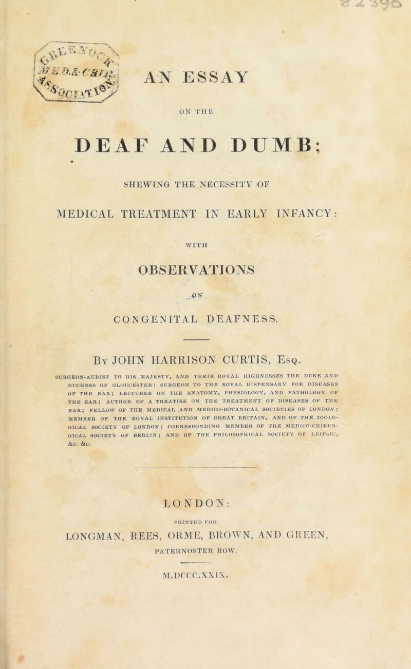 / ' ‘ 4-: -■'iL* ? ^'Ogi;■#/ ON THE DEAF AND DUMB; SHEWING THE NECESSITY OF MEDICAL TREATMENT IN EARLY INFANCY: WITH OBSERVATIONS ..ON CONGENITAL DEAFNESS. By JOHN HARRISON CURTIS, Esq. SURGEON-AURIST TO HIS MAJESTY, AND THEIR ROYAL HIGHNESSES THE DUKE AND duchess of Gloucester; surgeon to the royal dispensary for diseases of THE EAR; LECTURER ON THE ANATOMY, PHYSIOLOGY, AND PATHOLOGY OF THE EAR; AUTHOR OF A TREATISE ON THE TREATMENT OF DISEASES OF THE EAR; FELLOW OF THE MEDICAL AND MEDICO-BOTANICAL SOCIETIES OF LONDON; MEMBER OF THE ROYAL INSTITUTION OF GREAT BRITAIN, AND OF THE ZOOLO- GICAL SOCIETY OF LONDON ; CORRESPONDING MEMBER OF THE MEDICO-CHIRUR- GICAL SOCIETY OF BERLIN; AND OF THE PHILOSOPHICAL SOCIETY OF LEIPSIO, &c. &c. LONDON: PRINTED FOR LONGMAN, REES, ORME, BROWN, AND GREEN, PATERNOSTER ROW. M.DCCC.XXIX