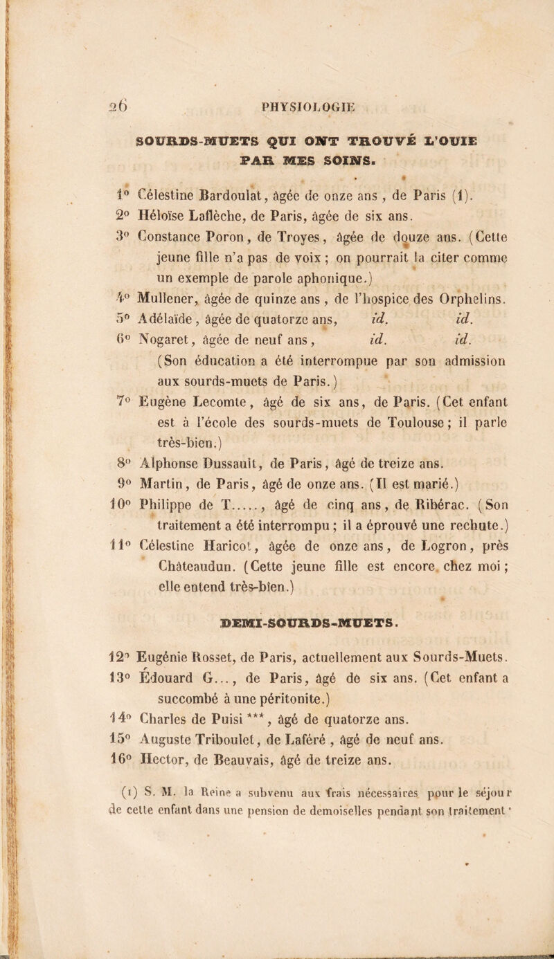 SOUESS-MVETS QUI ONT TROUVÉ X/OUIE PAR MES SOINS. ê . 1° Célestîne Bardouîat, âgée de onze ans, de Paris (1). 2° Héloïse Laflèche, de Paris, âgée de six ans. 3° Constance Poron, de Troyes, âgée de douze ans. (Cette jeune fille n’a pas de voix ; on pourrait la citer comme un exemple de parole aphonique.) 4° Mullener, âgée de quinze ans, de l’hospice des Orphelins. 5° Adélaïde, âgée de quatorze ans, id. id. 6° Nogaret, âgée de neuf ans, id. id. (Son éducation a été interrompue par son admission aux sourds-muets de Paris.) 7° Eugène Lecomte, âgé de six ans, de Paris. (Cet enfant est à l’école des sourds-muets de Toulouse; il parle très-bien.) 8° Alphonse Dussault, de Paris, âgé de treize ans. 9° Martin, de Paris, âgé de onze ans. (Il est marié.) 10° Philippe de T , âgé de cinq ans, de Ribérac. (Son traitement a été interrompu ; il a éprouvé une rechute.) 11° Célestine Haricot, âgée de onze ans, de Logron, près Châteaudun. (Cette jeune fille est encore chez moi ; elle entend très-bien.) DEMI-SOURDS-MUETS. 12° Eugénie Rosset, de Paris, actuellement aux Sourds-Muets. r 13° Edouard G..., de Paris, âgé de six ans. (Cet enfanta succombé à une péritonite.) 14(> Charles de Puisi ***, âgé de quatorze ans. 15° Auguste Triboulet, de Laféré , âgé de neuf ans. 16° Hector, de Beauvais, âgé de treize ans. (1) S. M. la Reine a subvenu aux frais nécessaires pour le séjour de celte enfant dans une pension de demoiselles pendant son traitement *
