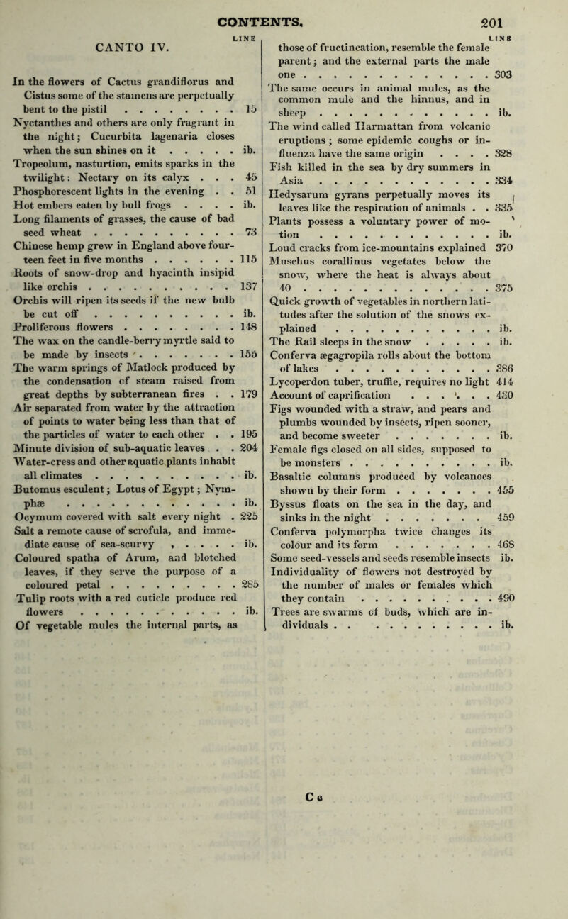 LINE CANTO IV. In the flowers of Cactus grandiflorus and Cistus some of the stamens are perpetually bent to the pistil 15 Nyctanthes and others are only fragrant in the night; Cucurbita lagenaria closes when the sun shines on it ib. Tropeolum, nasturtion, emits sparks in the twilight: Nectary on its calyx ... 45 Phosphorescent lights in the evening . . 51 Hot embers eaten by bull frogs . . . . ib. Long filaments of grasses, the cause of bad seed wheat 73 Chinese hemp grew in England above four- teen feet in five months 115 Roots of snow-drop and hyacinth insipid like orchis 137 Orchis will ripen its seeds if the new bulb be cut off ib. Proliferous flowers 148 The wax on the candle-berry myrtle said to be made by insects ' 155 The warm springs of Matlock produced by the condensation cf steam raised from great depths by subterranean fires . .179 Air separated from water by the attraction of points to water being less than that of the particles of water to each other . .195 Minute division of sub-aquatic leaves . . 204 Water-cress and other aquatic plants inhabit all climates ib. Butomus esculent; Lotus of Egypt; Nym- phae ib. Ocymum covered with salt every night . 225 Salt a remote cause of scrofula, and imme- diate cause of sea-scurvy , . . . . ib. Coloured spatha of Arum, and blotched leaves, if they serve the purpose of a coloured petal 285 Tulip roots with a red cuticle produce red flowers ib. Of vegetable mules the internal parts, as LINE those of fructincation, resemble the female parent; and the external parts the male one 303 The same occurs in animal mules, as the common mule and the liinnus, and in sheep ib. The wind called Harmattan from volcanic, eruptions; some epidemic coughs or in- fluenza have the same origin .... 328 Fish killed in the sea by dry summers in Asia 334 Hedysarum gyrans perpetually moves its j leaves like the respiration of animals . . 335 Plants possess a voluntary power of mo- ' tion ib. Loud cracks from ice-mountains explained 370 Muschus corallinus vegetates below the snow, where the heat is always about 40 375 Quick growth of vegetables in northern lati- tudes after the solution of the snows ex- plained ib. The Rail sleeps in the snow ib. Conferva segagropila rolls about the bottom of lakes 386 Lycoperdon tuber, truffle, requires no light 414 Account of caprification ...*... 430 Figs wounded with a straw, and pears and plumbs wounded by insects, ripen sooner, and become sweeter ib. Female figs closed on all sides, supposed to be monsters ib. Basaltic columns produced by volcanoes shown by their form 455 Byssus floats on the sea in the day, and sinks in the night 459 Conferva polymorpha twice changes its colour and its form 46S Some seed-vessels and seeds resemble insects ib. Individuality of flowers not destroyed by the number of males or females which they contain 490 Trees are swarms cf buds, which are in- dividuals . . ib. Co