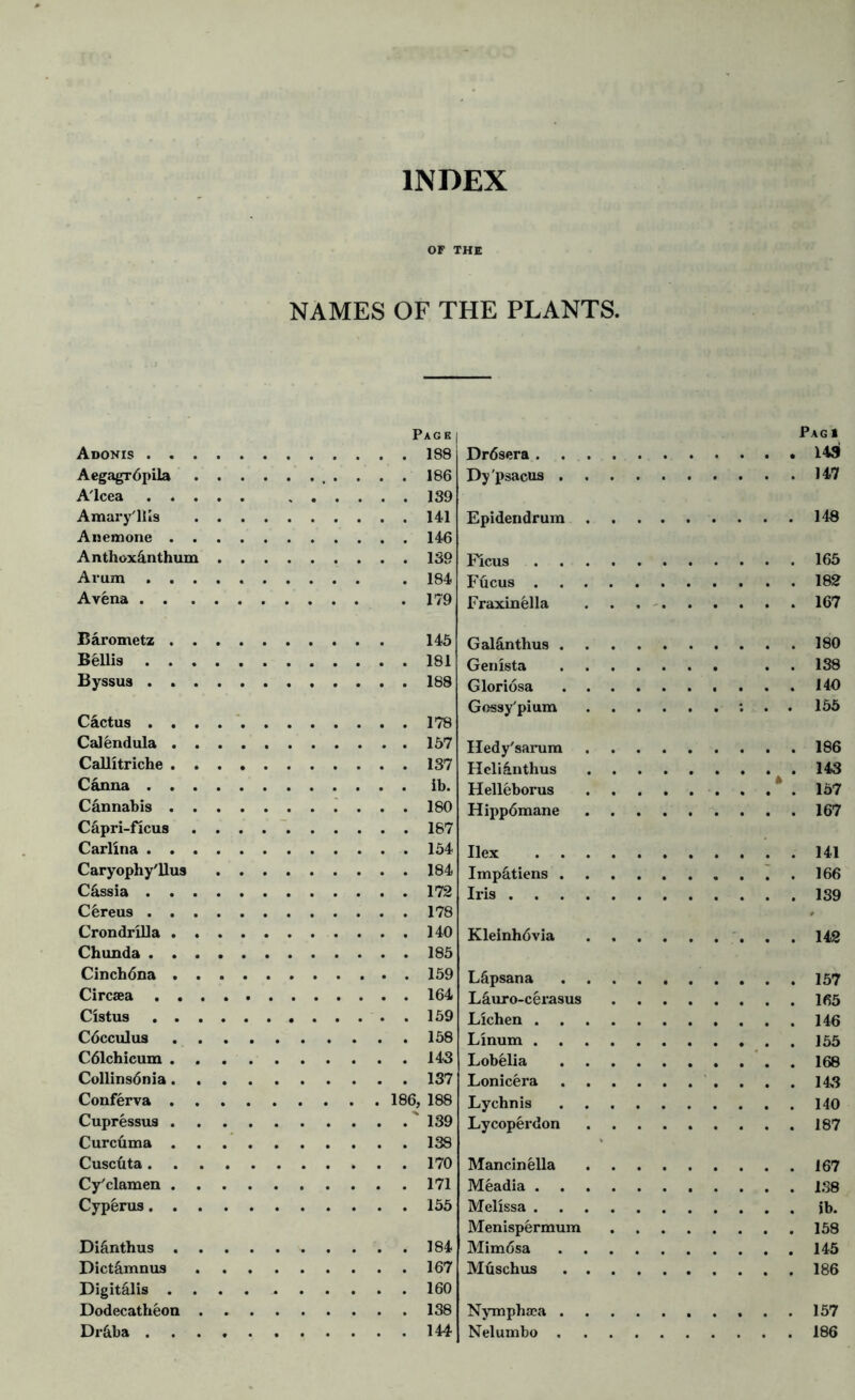 INDEX OF THE NAMES OF THE PLANTS. Page Adonis 188 Aegagrdpila 186 A'lcea 139 Amaryllis 141 Anemone 146 Anthox4nthum 139 Arum . 184 A vena .179 Pag l Dr6sera 149 Dy'psacus 147 Epidendrum 148 Ficus 165 Fucus 182 Fraxinella 167 Barometz 145 Beilis 181 Byssus 188 Cactus . . Calendula . Callitriche . Canna . . Cannabis . Capri-ficus Carlin a . . Caryophy'llus C4ssia . . Cereus . . Crondrilla . Chunda . . Cinchdna . Circsea . . Cistus . . Cdcculus C61chicum . Collinsdnia. Conferva . Cupressus . Curcuma . Cuschta. . Cy'clamen . Cyp§rus. . . 178 . 157 . 137 . ib. . 180 . 167 . 154 . 184 . 172 . 178 . 140 . 185 . 159 . 164 . 159 . 158 . 143 . 137 186, 188 .' 139 . 138 . 170 . 171 . 155 Di4nthus 184 Dict4mnus 167 Digitalis 160 Dodecatheon 138 Dr4ba 144 Galcinthus . Genista Gloriosa Gossy'pium Hedy'sarum Heli4nthus Helleborus Hipp6mane Ilex . . Impatiens . Iris . 180 138 140 155 * 186 143 157 167 141 166 139 Kleinh6via 142 L&psana Lauro-cerasus Lichen . . Linum . Lobelia Lonicera Lychnis Lycoperdon 157 165 146 155 168 143 140 187 Mancinella Meadia . Melissa . Menispermum Mim6sa Muschus 167 1.38 ib. 158 145 186 Nympha:a 157 Nelumbo 186