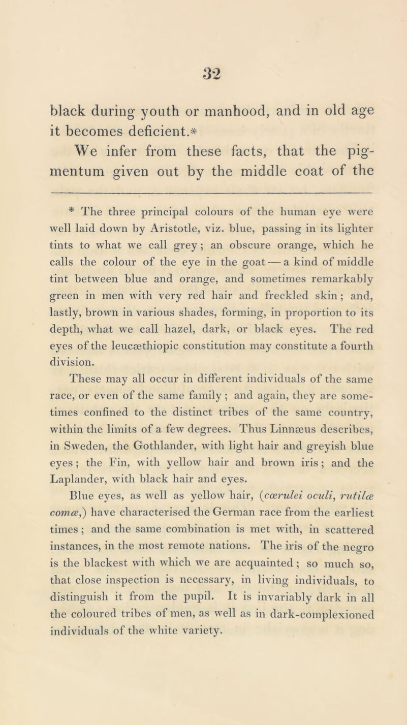 black during youth or manhood, and in old age it becomes deficient.* We infer from these facts, that the pig- mentum given out by the middle coat of the * The three principal colours of the human eye were well laid down by Aristotle, viz. blue, passing in its lighter tints to what we call grey ; an obscure orange, which he calls the colour of the eye in the goat — a kind of middle tint between blue and orange, and sometimes remarkably green in men with very red hair and freckled skin ; and, lastly, brown in various shades, forming, in proportion to its depth, what we call hazel, dark, or black eyes. The red eyes of the leucaethiopic constitution may constitute a fourth division. These may all occur in different individuals of the same race, or even of the same family ; and again, they are some- times confined to the distinct tribes of the same country, within the limits of a few degrees. Thus Linnaeus describes, in Sweden, the Gothlander, with light hair and greyish blue eyes; the Fin, with yellow hair and brown iris; and the Laplander, with black hair and eyes. Blue eyes, as well as yellow hair, (ccerulei oculi, rutilce comce,) have characterised the German race from the earliest times; and the same combination is met with, in scattered instances, in the most remote nations. The iris of the negro O is the blackest with which we are acquainted; so much so, that close inspection is necessary, in living individuals, to distinguish it from the pupil. It is invariably dark in all the coloured tribes of men, as well as in dark-complexioned individuals of the white variety.