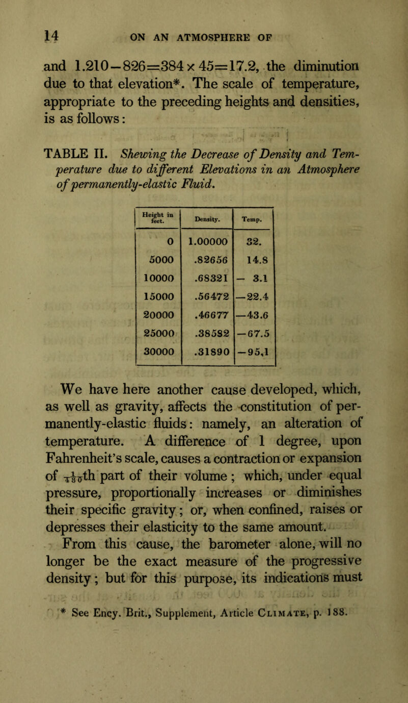 and 1.210—826=:384x 45=17.2, the diminution due to that elevation*. The scale of temperature, appropriate to the preceding heights and densities, is as follows: J ^- y.i I TABLE II. Shewing the Decrease of Density and Tem- perature due to different Elevations in an Atmosphere of permanently-elastic Fluid. Height in feet. Density. Temp. 0 1.00000 32. 5000 .82656 14.8 10000 .68321 - 3.1 15000 .56472 — 22.4 20000 .46677 —43.6 25000 .38582 -67.5 30000 .31890 -95,1 ' We have here another cause developed, which, as well as gravity, affects the constitution of per- manently-elastic fluids: namely, an alteration of temperature. A difference of 1 degree, upon Fahrenheit’s scale, causes a contraction or expansion of ^i^th'part of their volume ; which, under equal pressure, proportionally increases or diminishes their specific gravity ; or, when confined, raises or depresses their elasticity to the same amount. From .this cause, the barometer • alone, will no longer be the exact measure of the progressive density; but for this purpose, its indications must ' * See Ency. Brit., Supplement, Article Climate, p. 188.