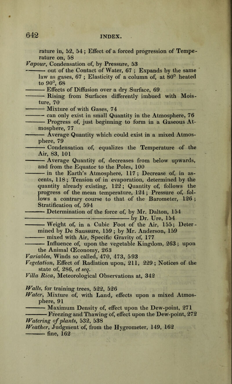 rature in, 52, 54 ; Effect of a forced progression of Tempe- rature on, 58 Vapour, Condensation of, by Pressure, 53 out of the Contact of Water, 67 ; Expands by the same law as gases, 67 ; Elasticity of a column of, at 80° heated to 90°, 68 — Effects of Diffusion over a dry Surface, 69 • Rising from Surfaces differently imbued with Mois- ture, 70 Mixture of with Gases, 74 can only exist in small Quantity in the Atmosphere, 76 Progress of, just beginning to form in a Gaseous At- mosphere, 77 Average Quantity which could exist in a mixed Atmos- phere, 79 : Condensation of, equalizes the Temperature of the Air, 83, 101 Average Quantity of, decreases from below upwards, and from the Equator to the Poles, 100 —in the Earth’s Atmosphere, 117; Decrease of, in as- cents, 118; Tension of in evaporation, determined by the quantity already existing, 122; Quantity of, follows the progress of the mean temperature, 124; Pressure of, fol- lows a contrary course to that of the Barometer, 126 ; Stratification of, 594 ■ Determination of the force of, by Mr. Dalton, 154 by Dr. Ure, 154 Weight of, in a Cubic Foot of the Air, 155; Deter- mined by De Saussure, 159 ; by Mr. Anderson, 159 — mixed with Air, Specific Gravity of, 177 Influence of, upon the vegetable Kingdom, 263; upon the Animal (Economy, 263 Variables, Winds so called, 470, 473, 593 Vegetation, Effect of Radiation upon, 211, 229; Notices of the state of, 286, etseq. Villa Rica, Meteorological Observations at, 342 Walls, for training trees, 522, 526 Water, Mixture of, with Land, effects upon a mixed Atmos- phere, 91 Maximum Density of, effect upon the Dew-point, 271 Freezing and Thawing of, effect upon the Dew-point, 272 Watering of plants, 532, 538 Weather, Judgment of, from the Hygrometer, 149, 162 fine, 162