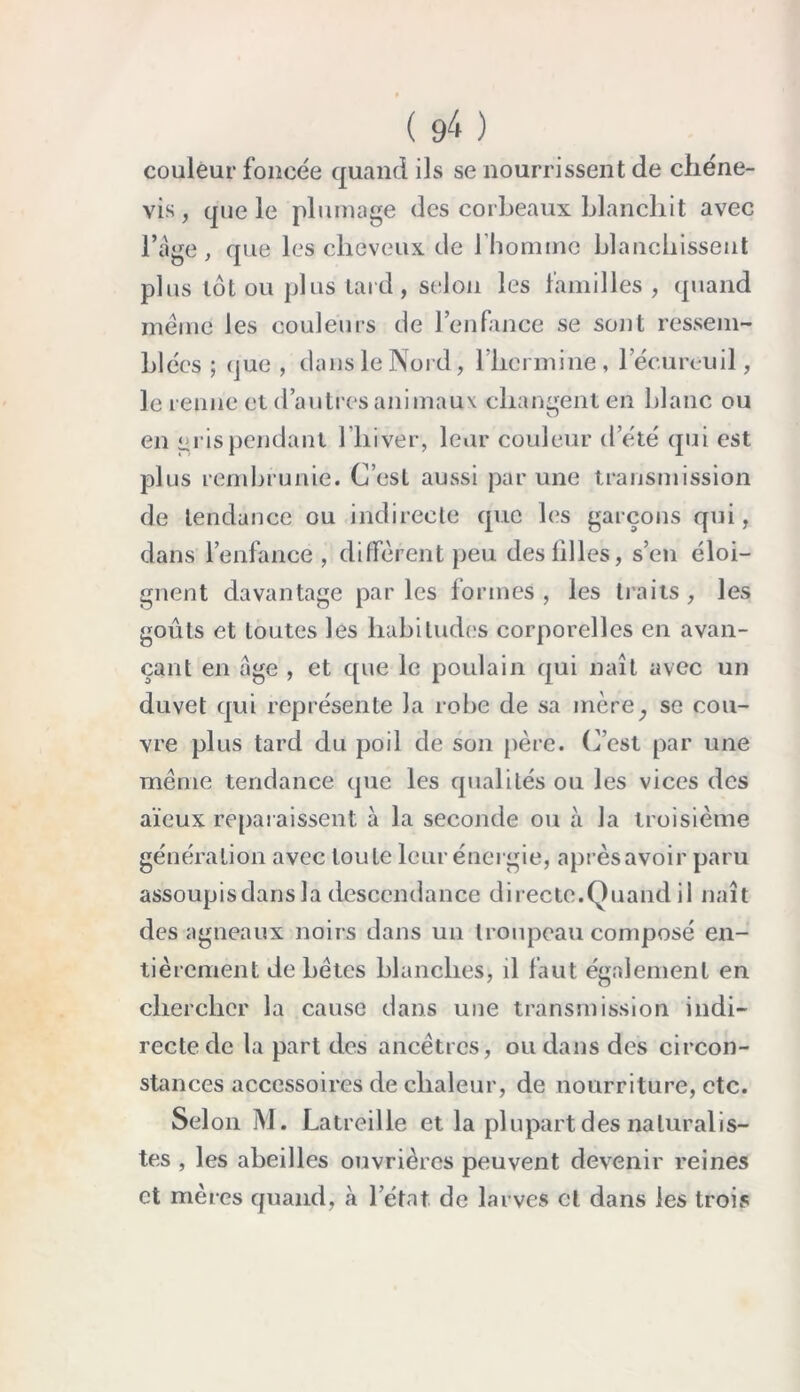 couleur foncée quand ils se nourrissent de chéne- vis, que le plumage des corbeaux blanchit avec l’age , que les cheveux de l'homme blanchissent plus tôt ou plus tard, selon les familles , quand même les couleurs de 1 enfance se sont ressem- blées ; que , dans le Nord, l'hermine, 1 écureuil, le renne et d’autres animaux changent en blanc ou en gris pendant l’hiver, leur couleur d’été qui est plus rembrunie. C’esL aussi par une transmission de tendance ou indirecte que les garçons qui, dans l’enfance , diffèrent peu des filles, s’en éloi- gnent davantage parles formes, les traits, les goûts et toutes les habitudes corporelles en avan- çant en âge , et que le poulain qui naît avec un duvet qui représente la robe de sa mère, se cou- vre plus tard du poil de son père. C’est par une même tendance que les qualités ou les vices des aïeux reparaissent à la seconde ou à la troisième génération avec tou Le leur énergie, après avoir paru assoupisdans la descendance directe.Quand il naît des agneaux noirs dans un troupeau composé en- tièrement de bêtes blanches, il faut également en chercher la cause dans une transmission indi- recte de la part des ancêtres, ou dans des circon- stances accessoires de chaleur, de nourriture, etc. Selon M. Latreille et la plupart des naturalis- tes , les abeilles ouvrières peuvent devenir reines et mères quand, à l’état de larves et dans les trois